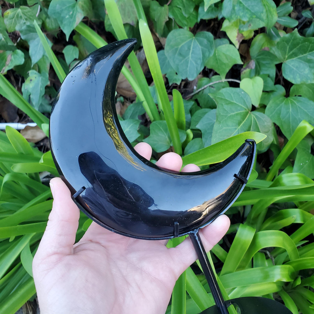 Big Obsidian Moon on Black Stand 11" tall - Self Reflection, Release Negative Energies - Black Moon Witchy Decor Statement Piece