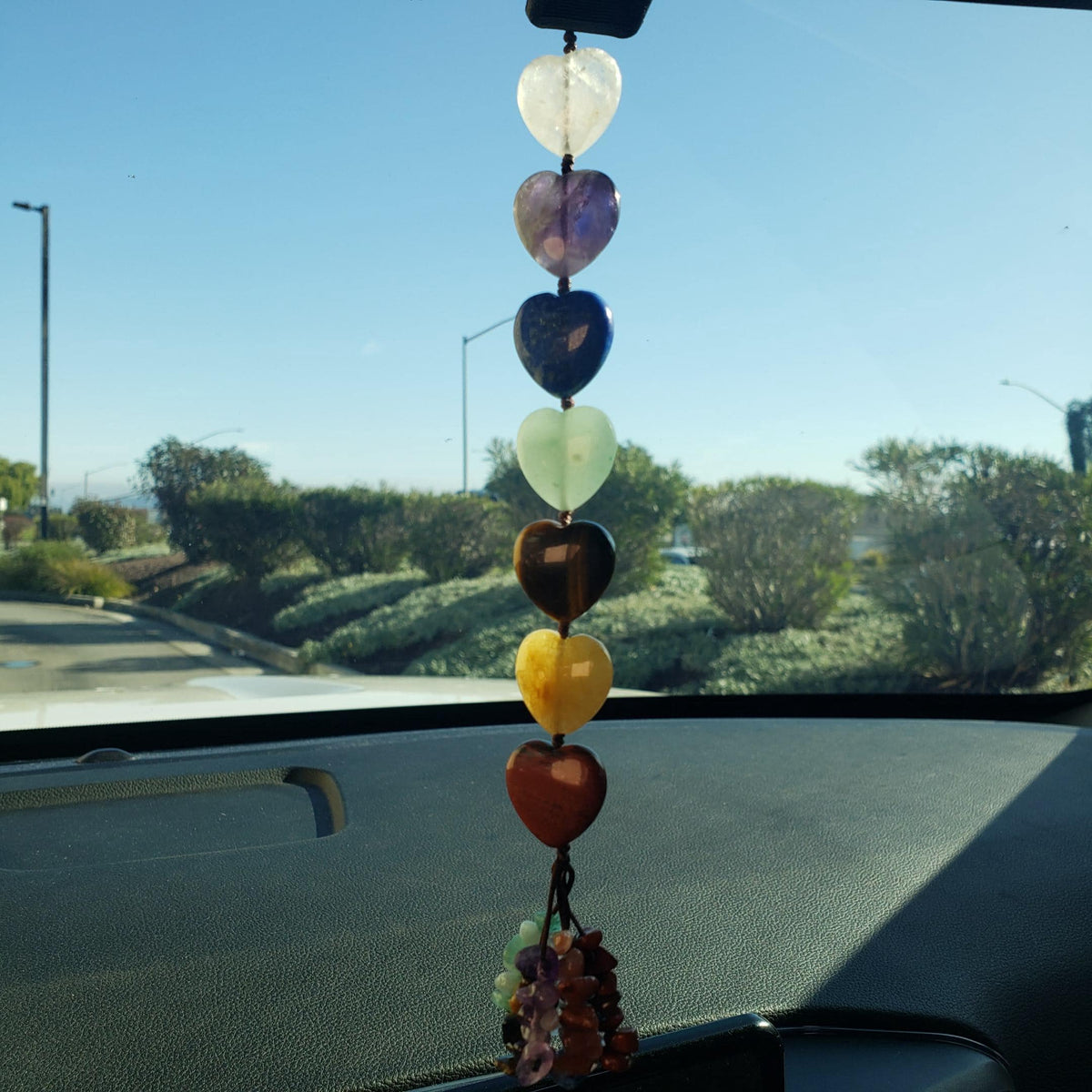 Crystal Hearts Car Charm 10" - Grounding, Manifestation, Self Reflection, Prosperity, Wisdom, Strength, Awareness - Chakra Hanging Charm