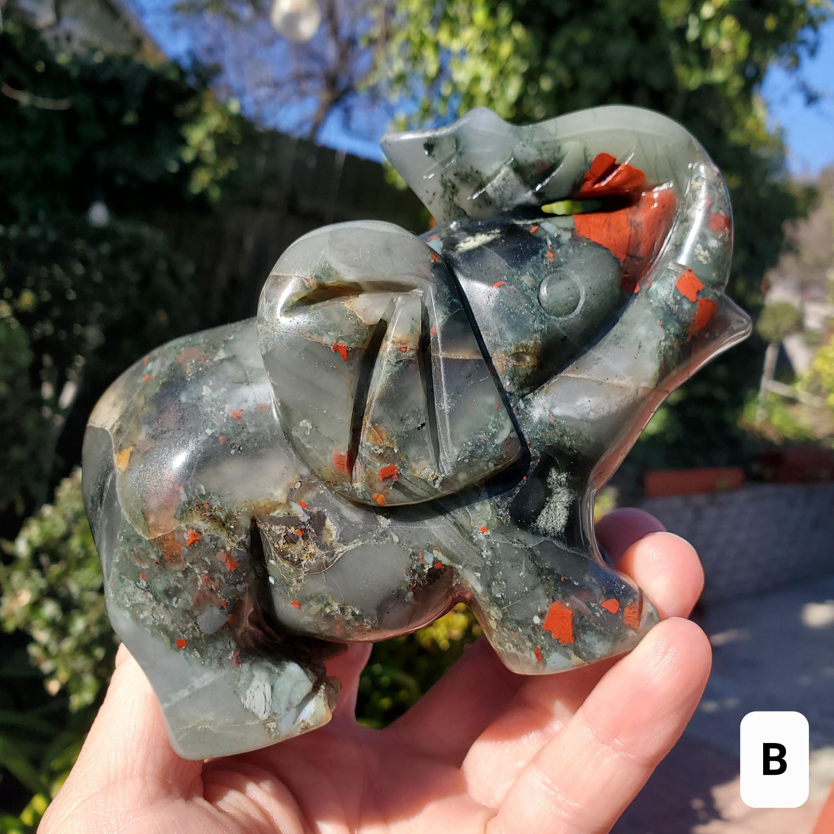 Chunky & Heavy African Bloodstone Elephant - Grounding, Persistence, Courage - Black and Red Crystal Elephant Carving Stone Statement Decor