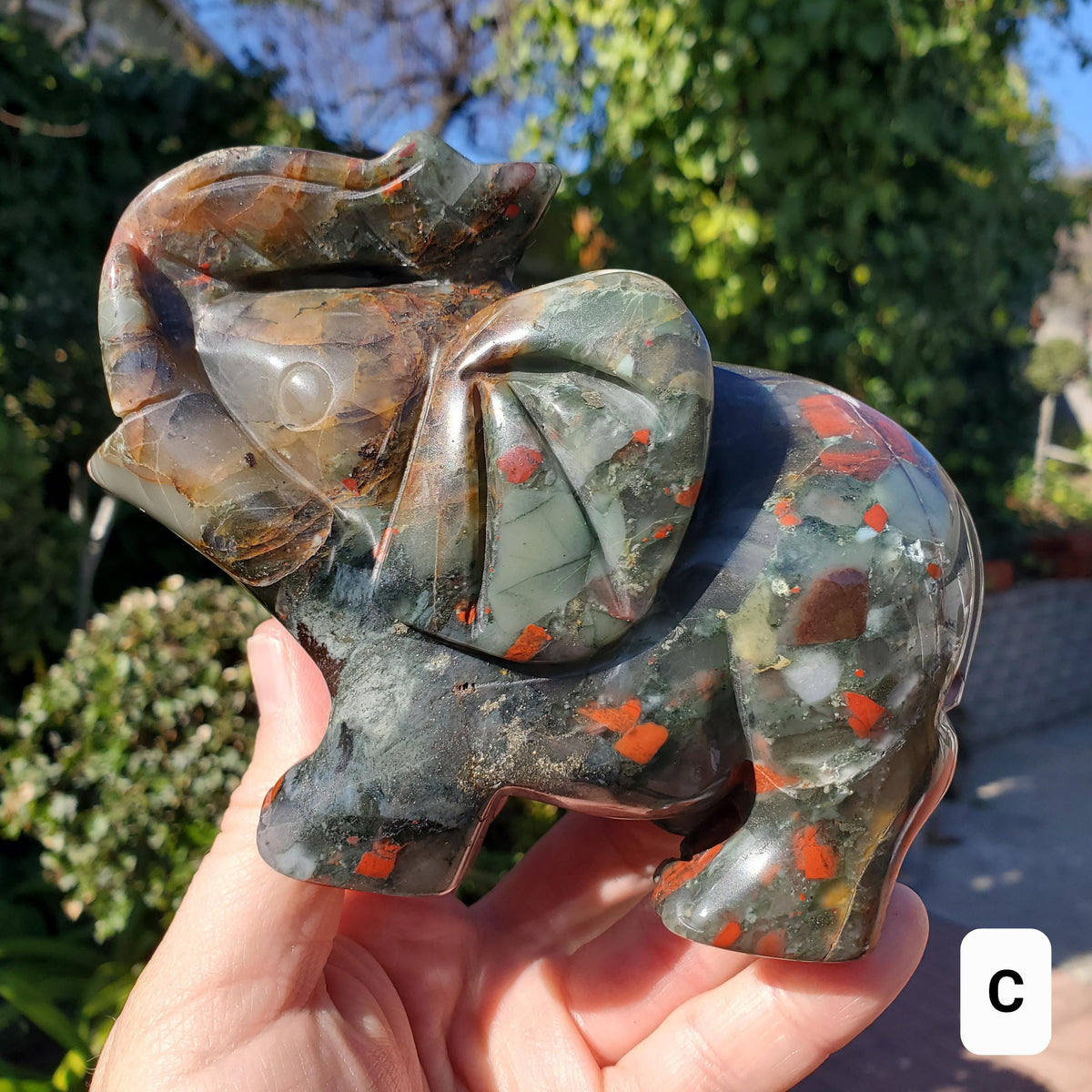 Chunky & Heavy African Bloodstone Elephant - Grounding, Persistence, Courage - Black and Red Crystal Elephant Carving Stone Statement Decor