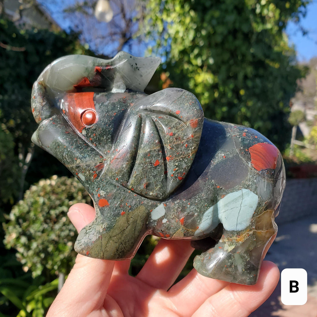 Chunky & Heavy African Bloodstone Elephant - Grounding, Persistence, Courage - Black and Red Crystal Elephant Carving Stone Statement Decor