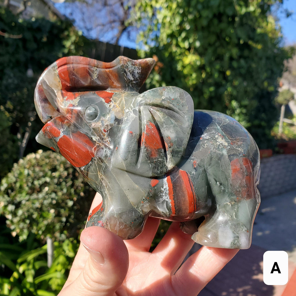 Chunky & Heavy African Bloodstone Elephant - Grounding, Persistence, Courage - Black and Red Crystal Elephant Carving Stone Statement Decor