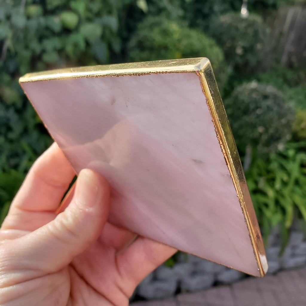 Rose Quartz Plate with Gold Edge - Unconditional Love, Compassion, Kindness - Crystal Plate Coaster Crystal Display Vanity Office Home