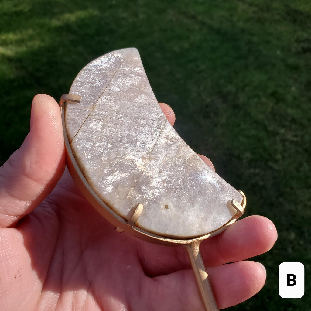 Gold & Blue Flashy Moonstone Moon on Stand - Uplifting, Raises Vibration, Feminine Energy, Empowering - Flashy Crystal Moon Healing Gemstone