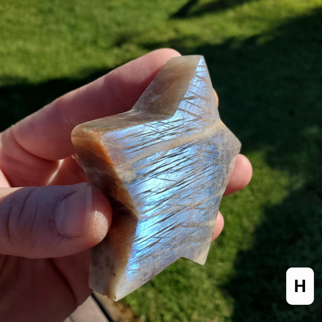 Flashy Moonstone Star - Uplifting, Raises Vibration, Feminine Energy, Empowering - Standing Blue Flash Crystal Star Gemstone Cute Decor