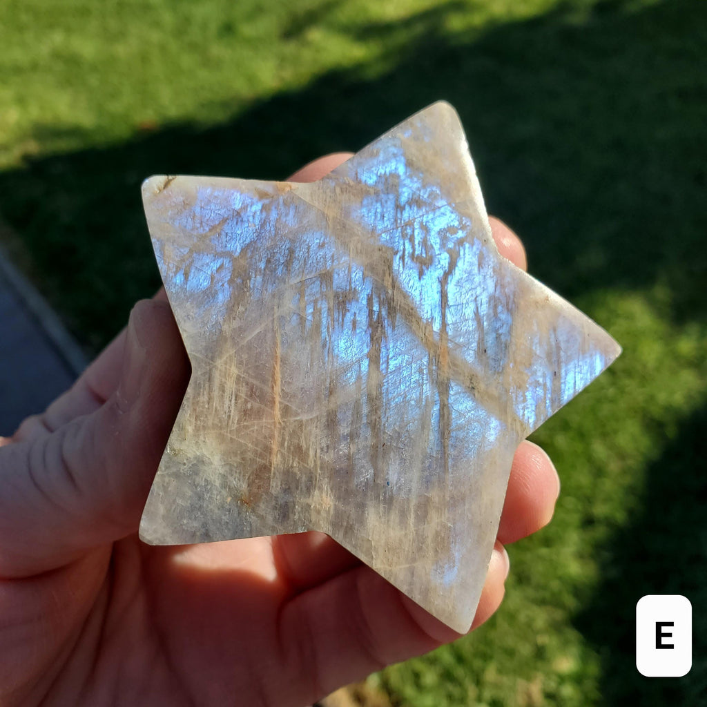 Flashy Moonstone Star - Uplifting, Raises Vibration, Feminine Energy, Empowering - Standing Blue Flash Crystal Star Gemstone Cute Decor