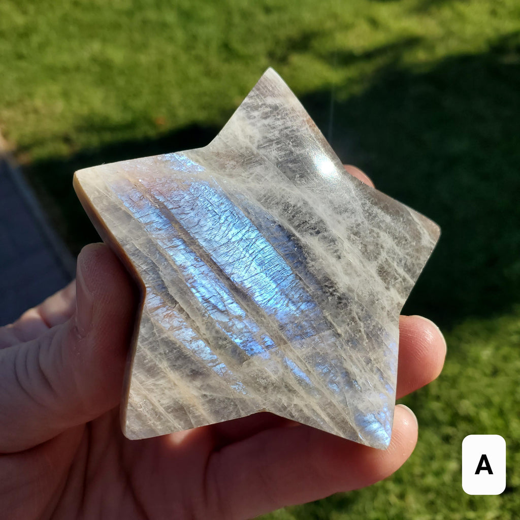 Flashy Moonstone Star - Uplifting, Raises Vibration, Feminine Energy, Empowering - Standing Blue Flash Crystal Star Gemstone Cute Decor