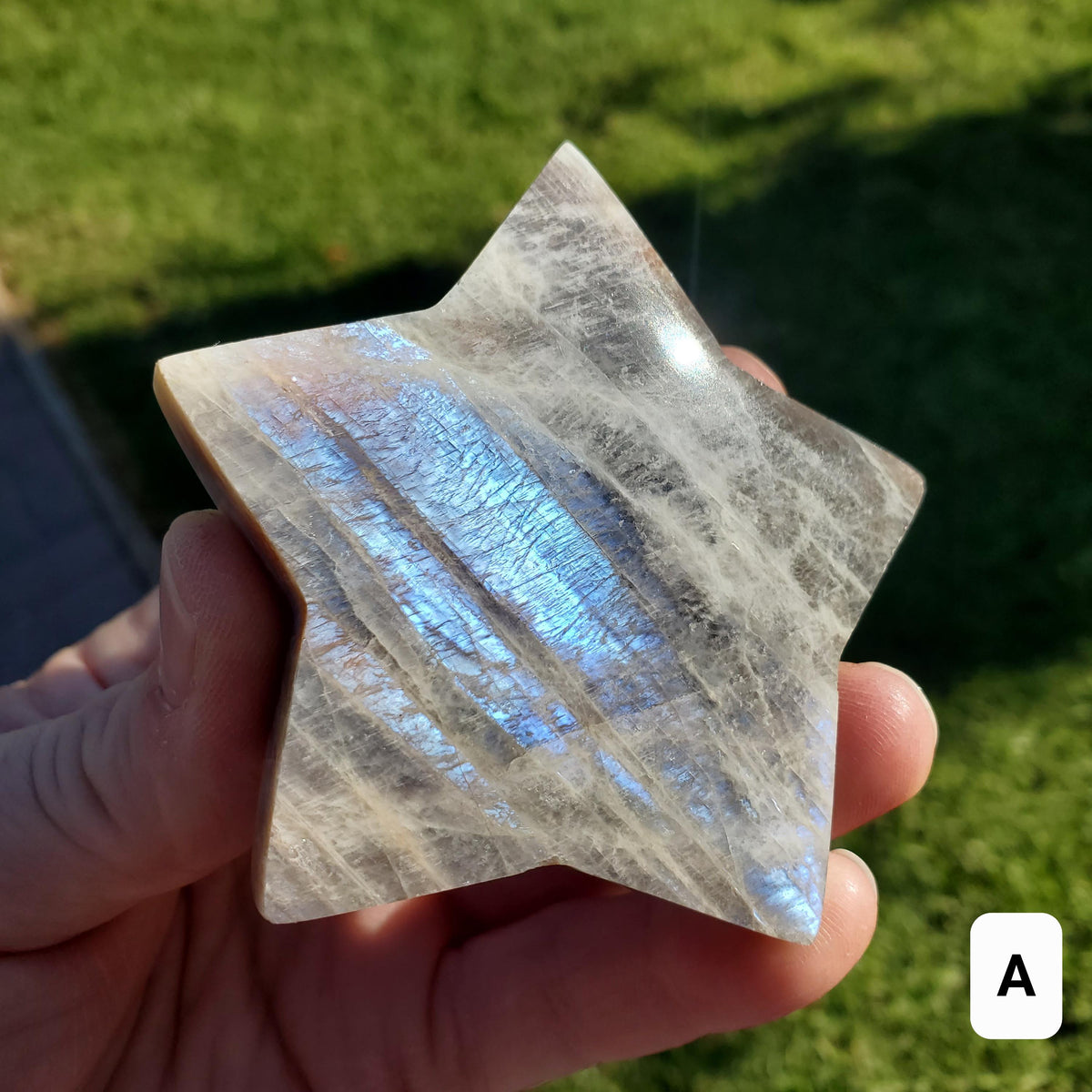 Flashy Moonstone Star - Uplifting, Raises Vibration, Feminine Energy, Empowering - Standing Blue Flash Crystal Star Gemstone Cute Decor