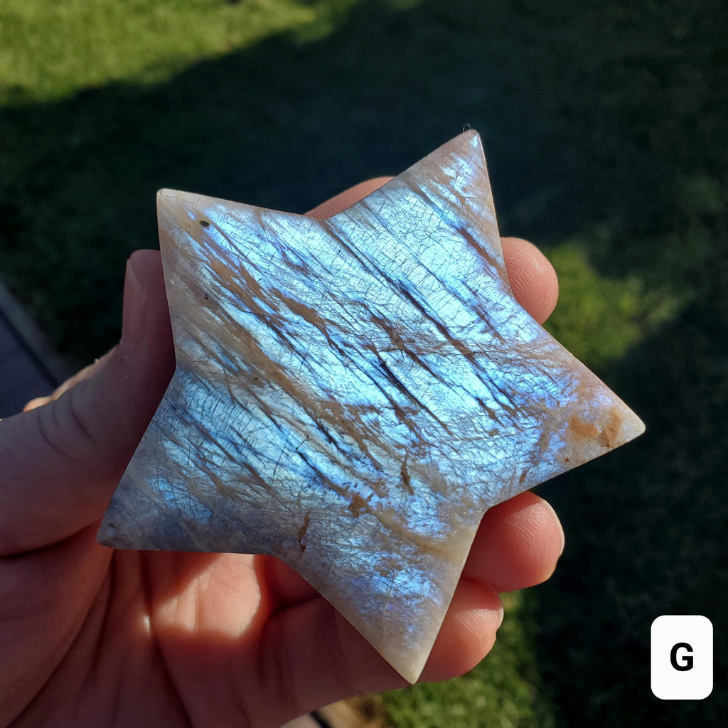 Flashy Moonstone Star - Uplifting, Raises Vibration, Feminine Energy, Empowering - Standing Blue Flash Crystal Star Gemstone Cute Decor