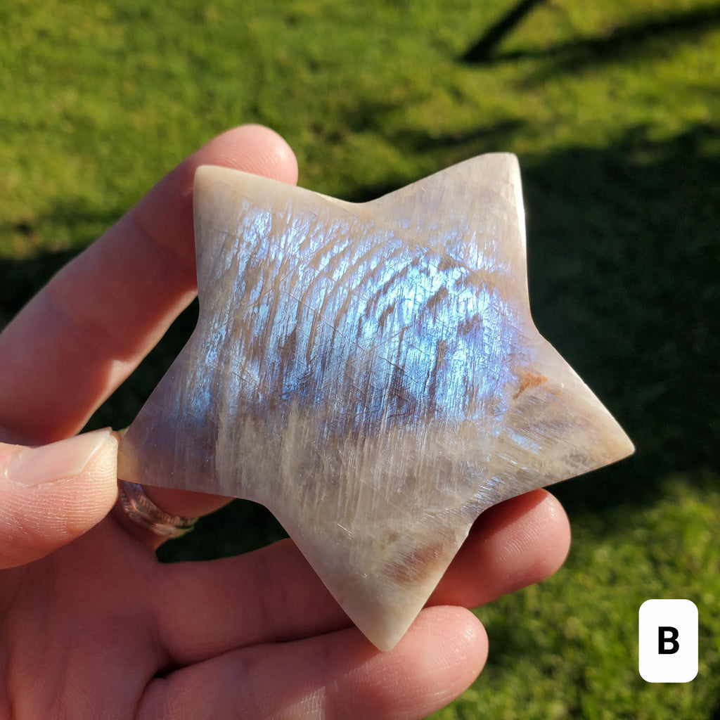 Flashy Moonstone Star - Uplifting, Raises Vibration, Feminine Energy, Empowering - Standing Blue Flash Crystal Star Gemstone Cute Decor