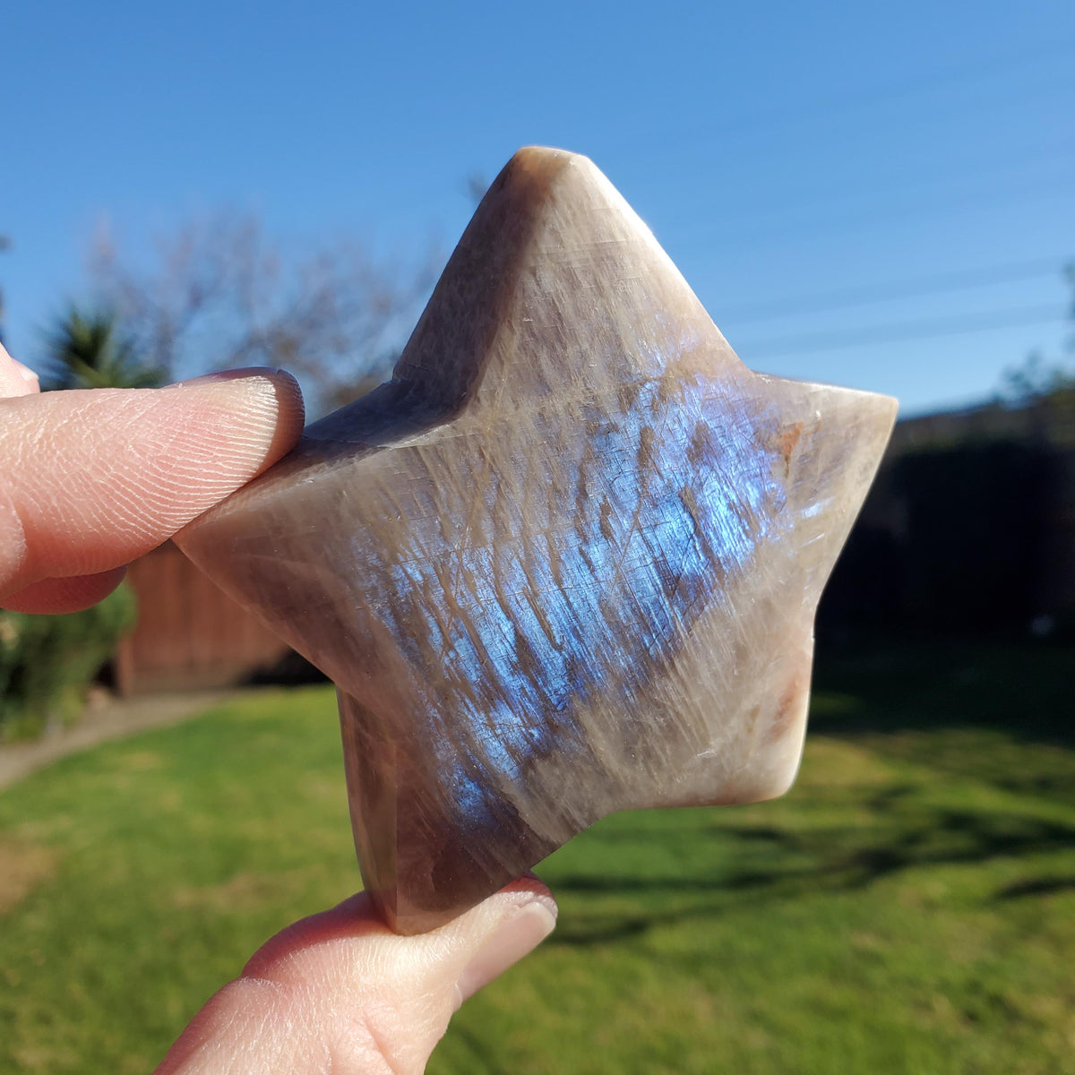 Flashy Moonstone Star - Uplifting, Raises Vibration, Feminine Energy, Empowering - Standing Blue Flash Crystal Star Gemstone Cute Decor
