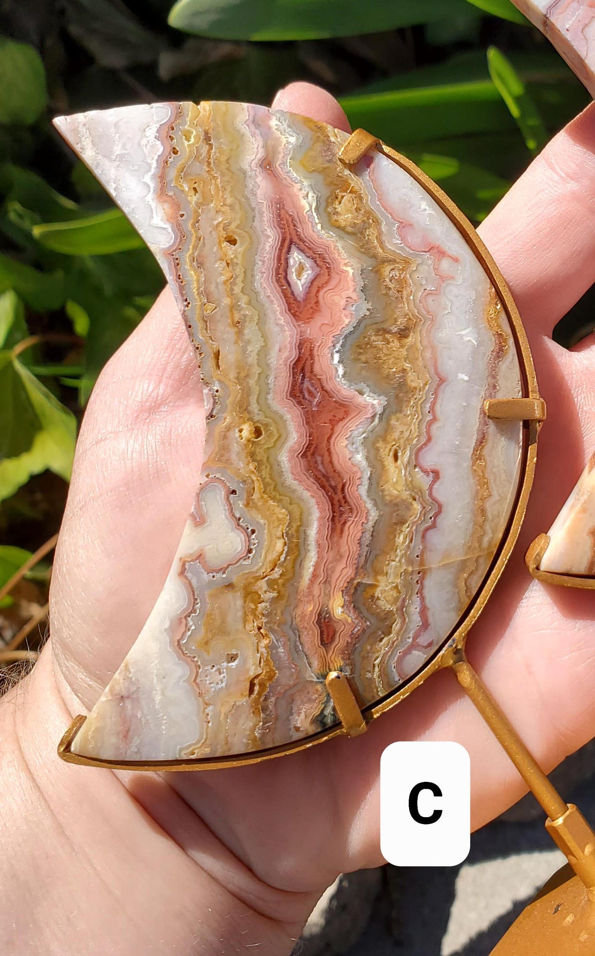 Pink Lace Agate Moon on Stand - Balance of the Physical, Mental & Emotional - Pink Moon Crystal Carving Healing Gemstone