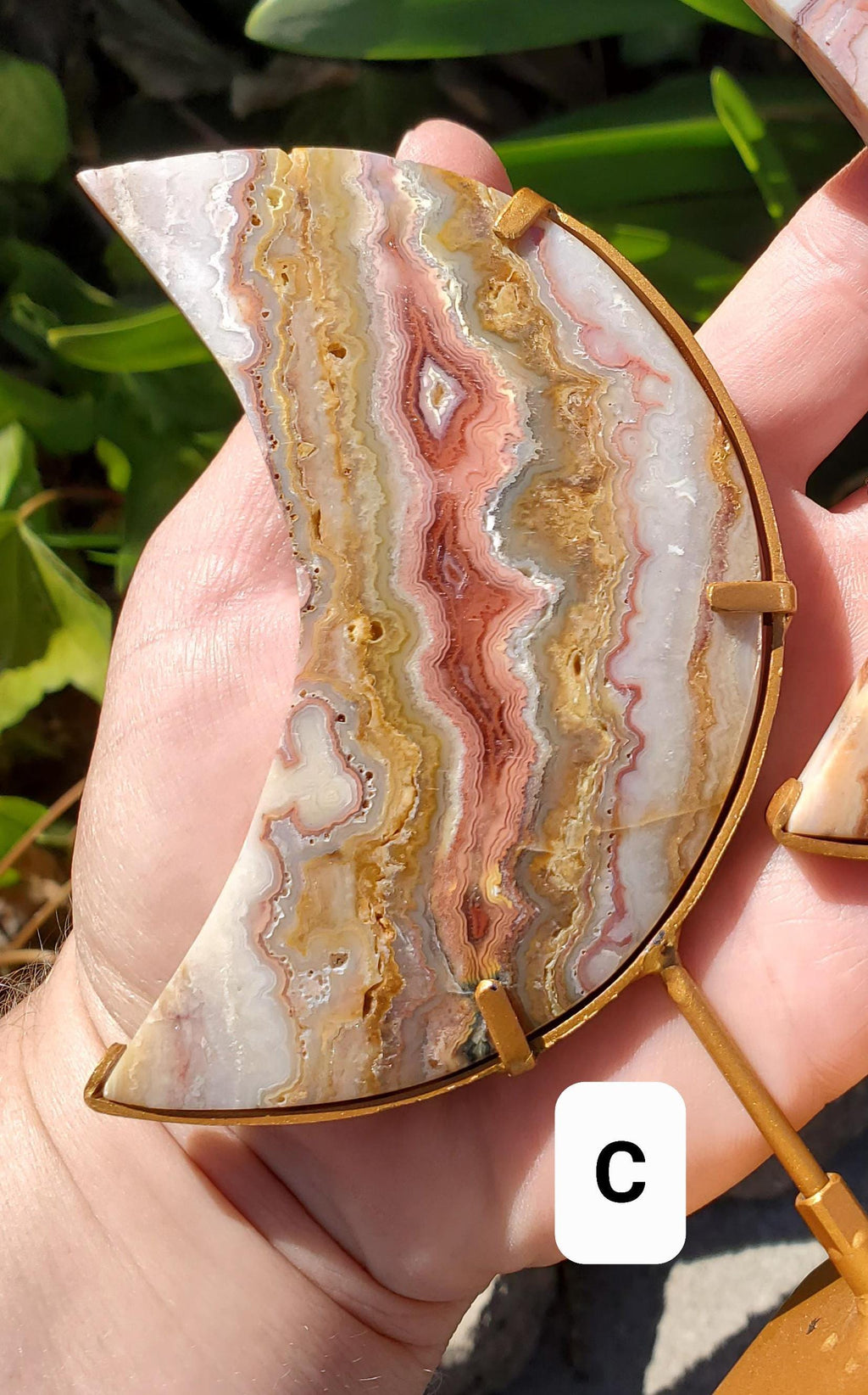 Pink Lace Agate Moon on Stand - Balance of the Physical, Mental & Emotional - Pink Moon Crystal Carving Healing Gemstone
