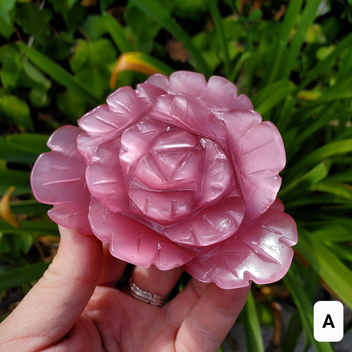 Pink Cat's Eye Rose - Friendship, Peace, Magnification, Luck - Pink Stone Rose Carving Healing Crystal Gemstones