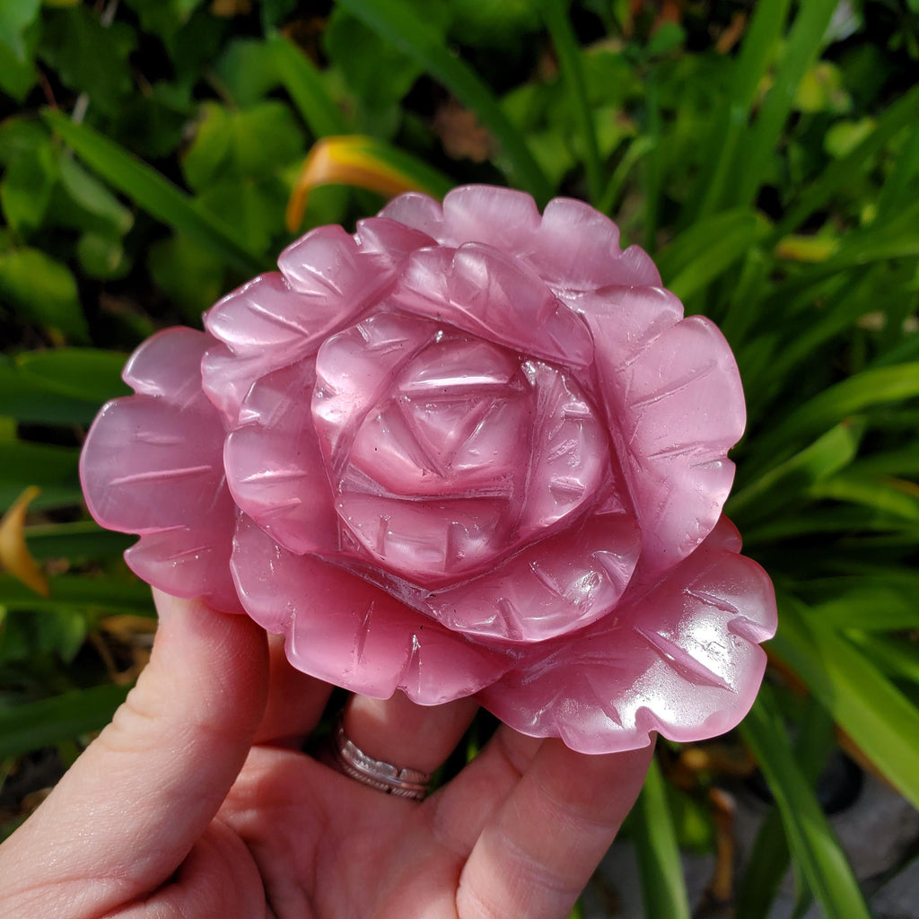 Pink Cat's Eye Rose - Friendship, Peace, Magnification, Luck - Pink Stone Rose Carving Healing Crystal Gemstones