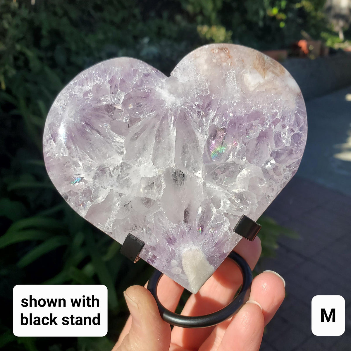 Druzy Pink Amethyst Flower Agate Heart + Stand - Gentle, Nourishing, Growth, Positivity, Grounding - Crystal Heart with Rainbows Statement
