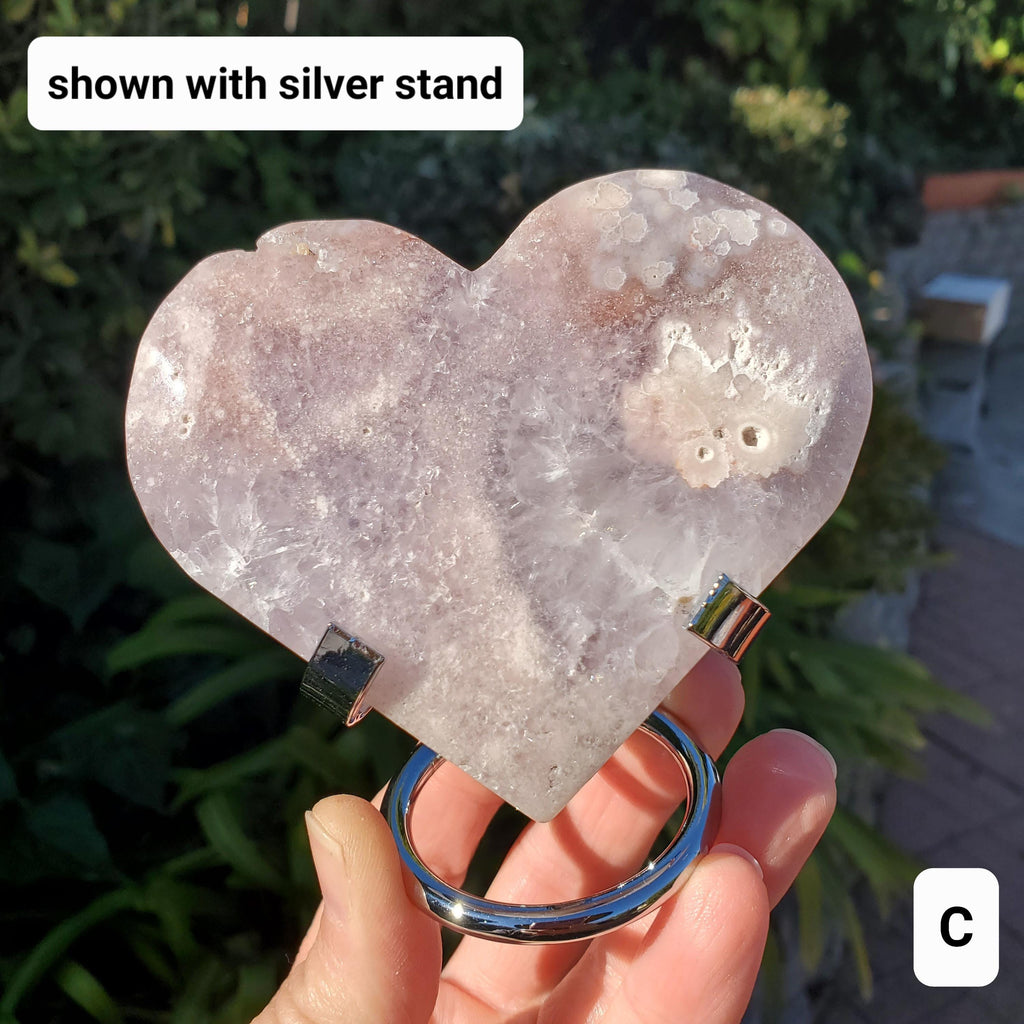 Druzy Pink Amethyst Flower Agate Heart + Stand - Gentle, Nourishing, Growth, Positivity, Grounding - Crystal Heart with Rainbows Statement