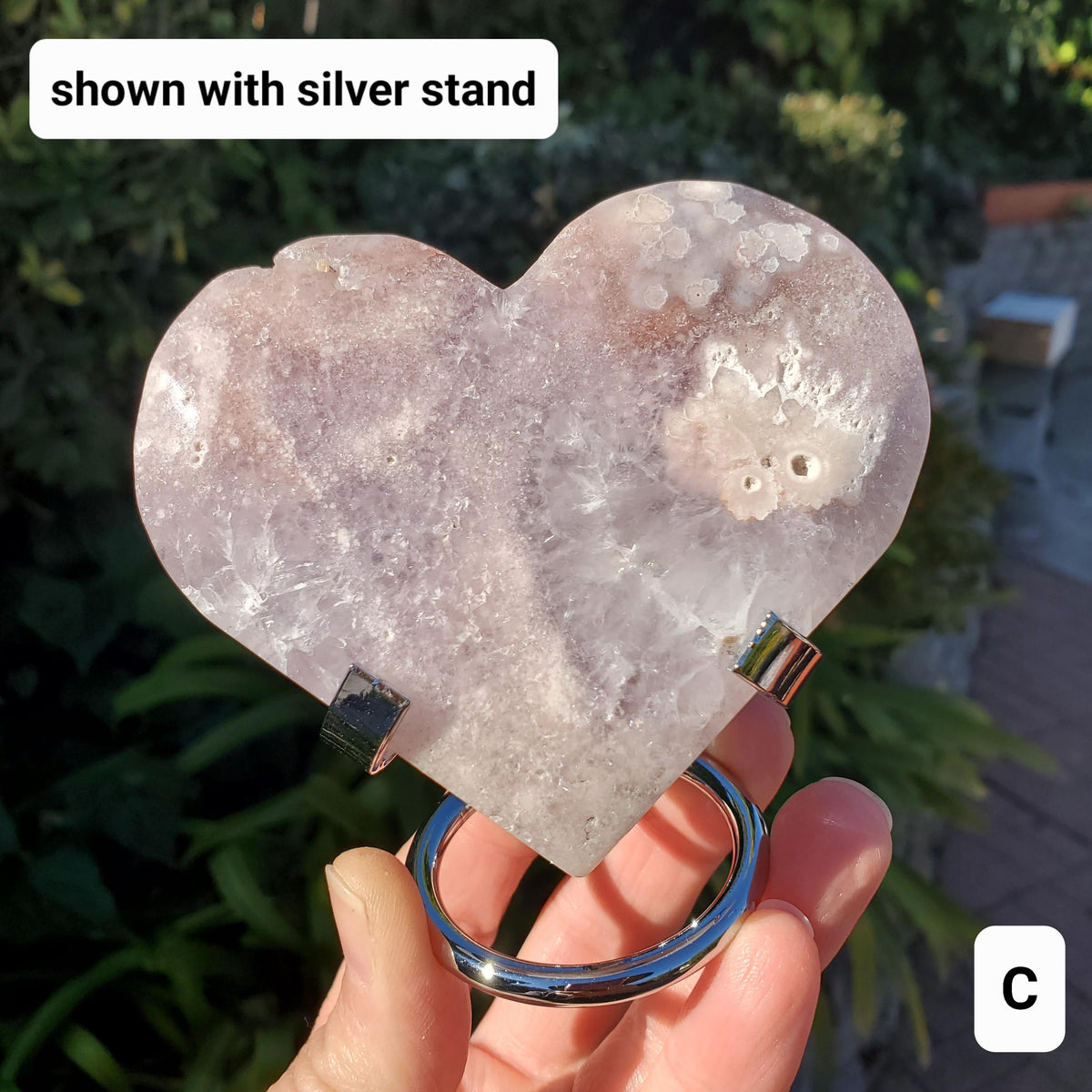 Druzy Pink Amethyst Flower Agate Heart + Stand - Gentle, Nourishing, Growth, Positivity, Grounding - Crystal Heart with Rainbows Statement