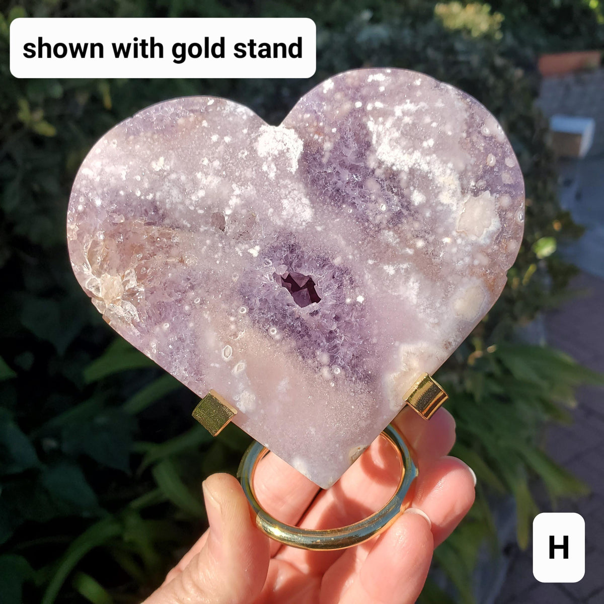 Druzy Pink Amethyst Flower Agate Heart + Stand - Gentle, Nourishing, Growth, Positivity, Grounding - Crystal Heart with Rainbows Statement