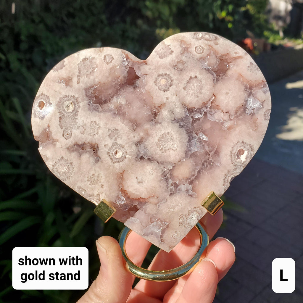 Druzy Pink Amethyst Flower Agate Heart + Stand - Gentle, Nourishing, Growth, Positivity, Grounding - Crystal Heart with Rainbows Statement