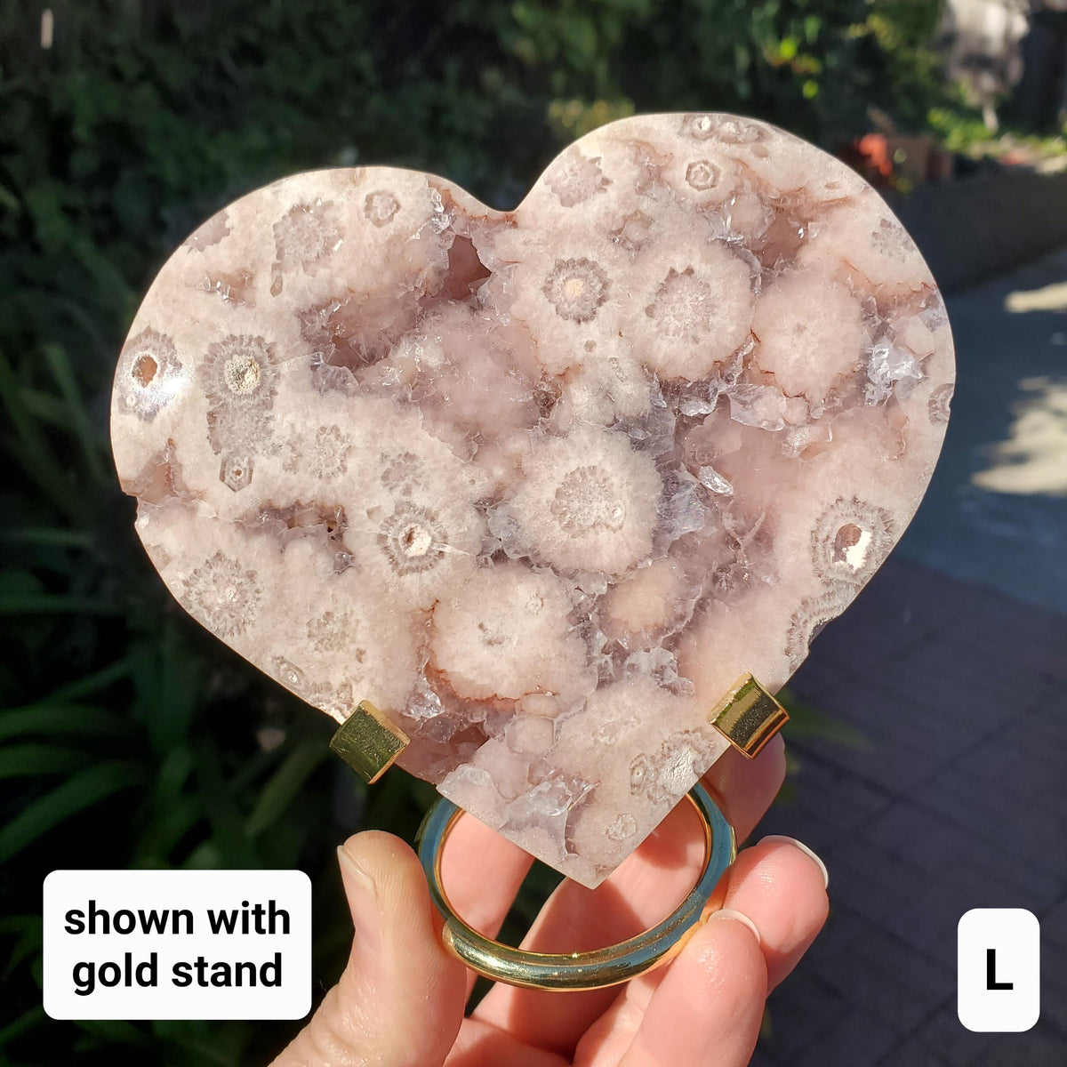 Druzy Pink Amethyst Flower Agate Heart + Stand - Gentle, Nourishing, Growth, Positivity, Grounding - Crystal Heart with Rainbows Statement