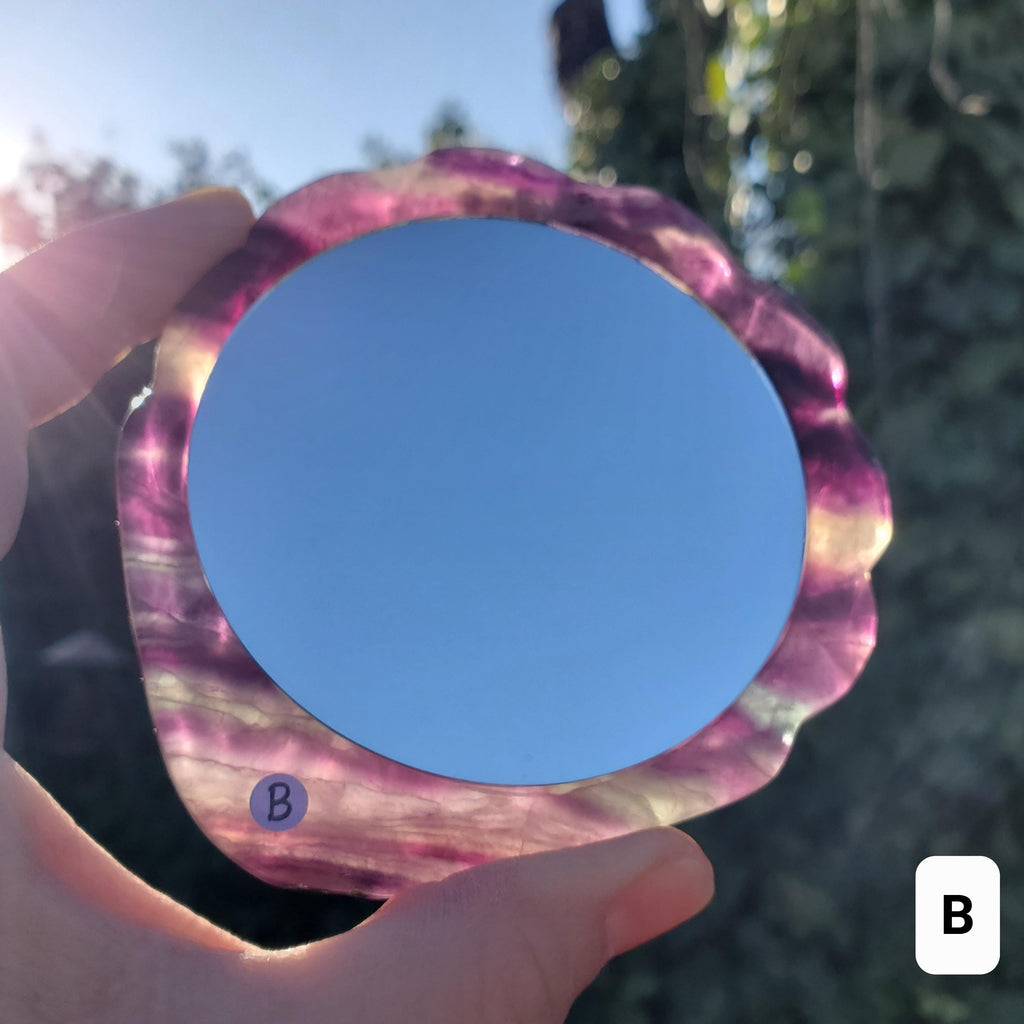 Rainbow Fluorite Seashell Mirror - Mental Concentration, Energetic Protection, Positivity - Fluorite Crystal Seashell Mirror Vanity Decor