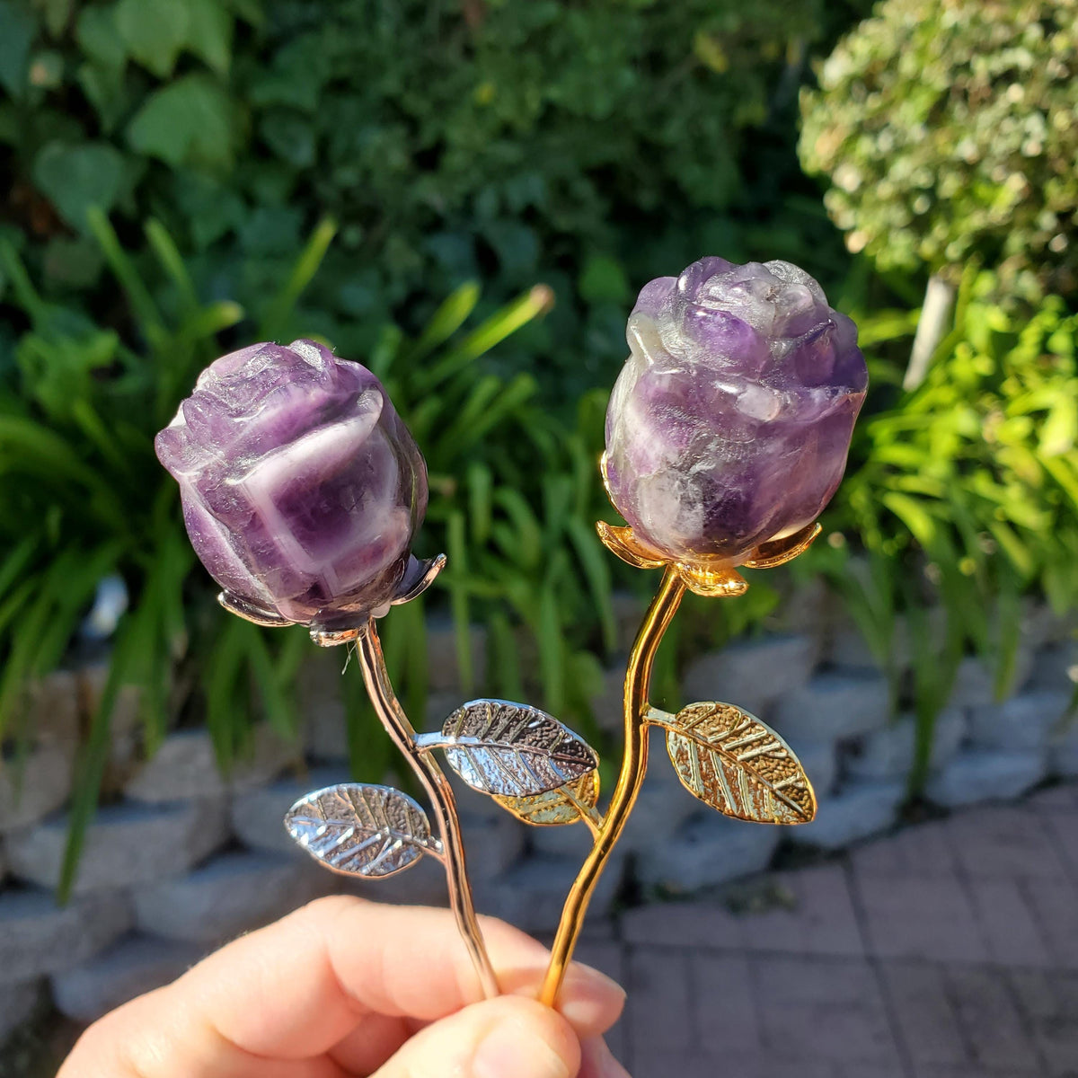 Small Dream Amethyst Rose on Stem - Calming, Energetic Protection, Positivity, Connection - Purple Chevron Flower Crystal Rose Gemstone