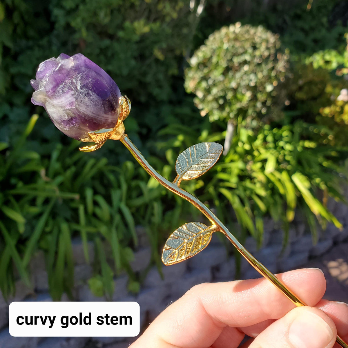 Small Dream Amethyst Rose on Stem - Calming, Energetic Protection, Positivity, Connection - Purple Chevron Flower Crystal Rose Gemstone