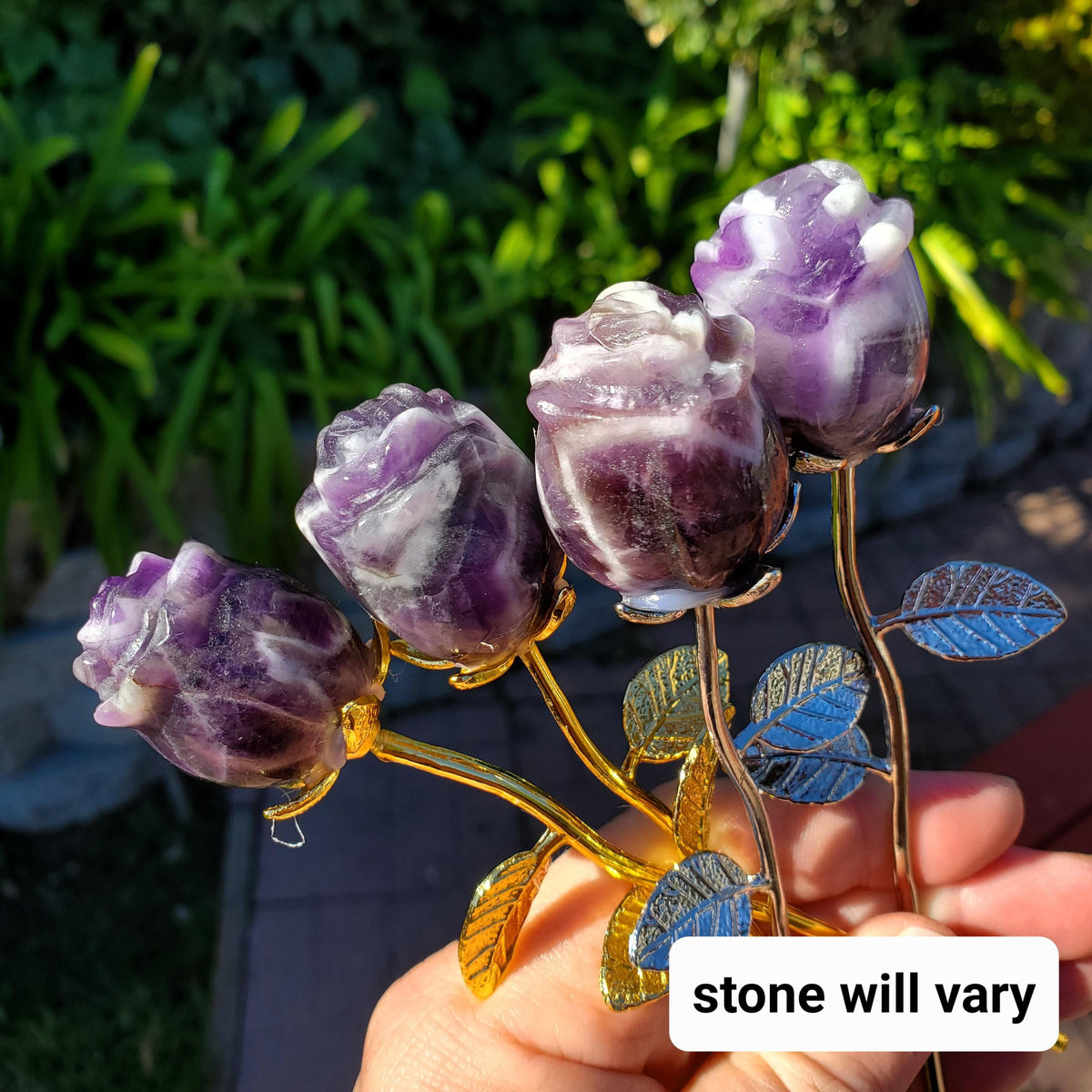 Small Dream Amethyst Rose on Stem - Calming, Energetic Protection, Positivity, Connection - Purple Chevron Flower Crystal Rose Gemstone