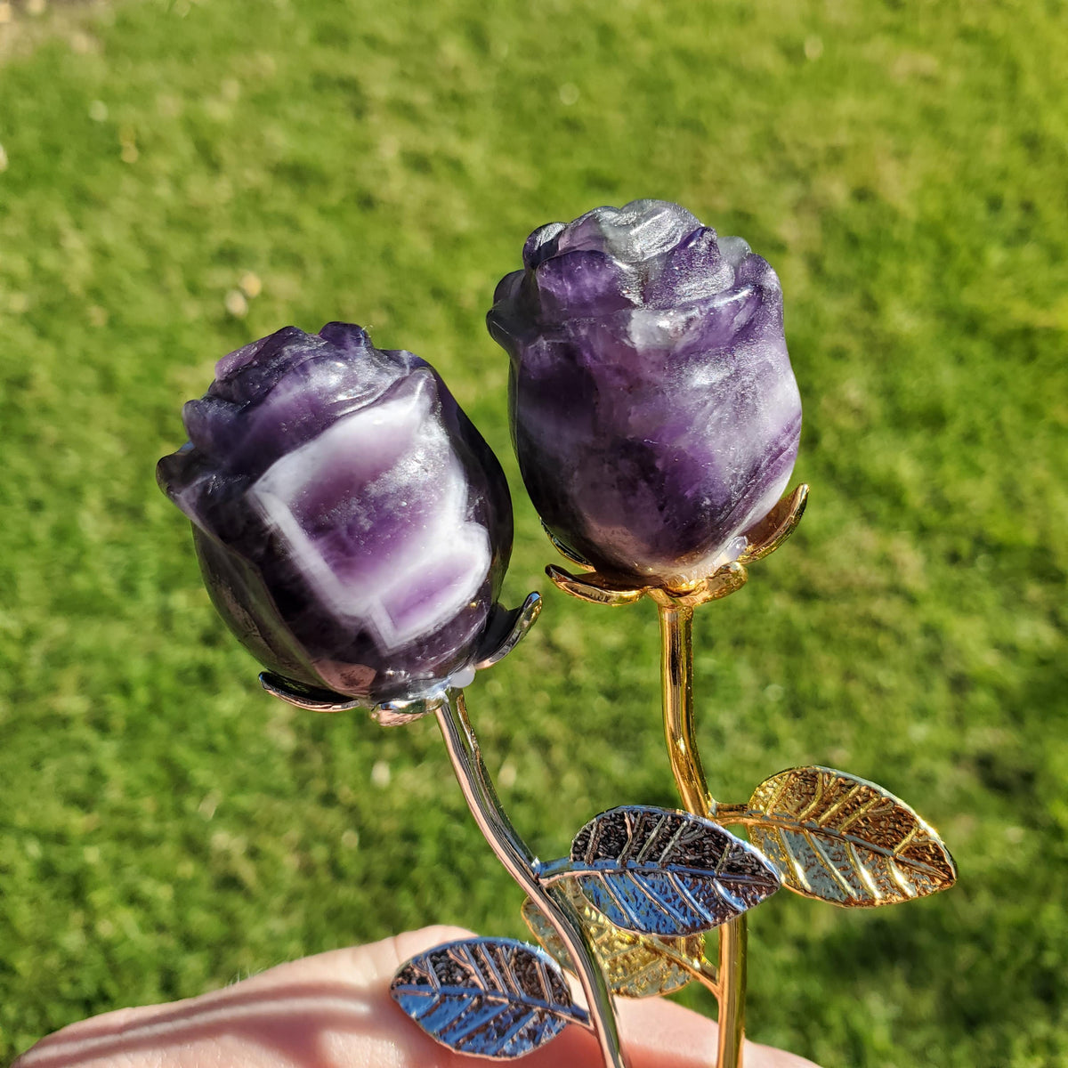 Small Dream Amethyst Rose on Stem - Calming, Energetic Protection, Positivity, Connection - Purple Chevron Flower Crystal Rose Gemstone