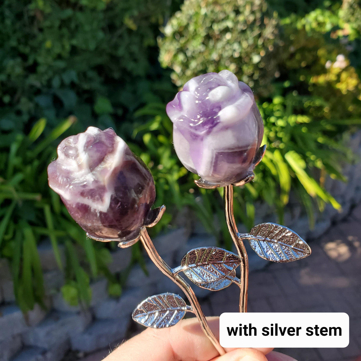 Small Dream Amethyst Rose on Stem - Calming, Energetic Protection, Positivity, Connection - Purple Chevron Flower Crystal Rose Gemstone