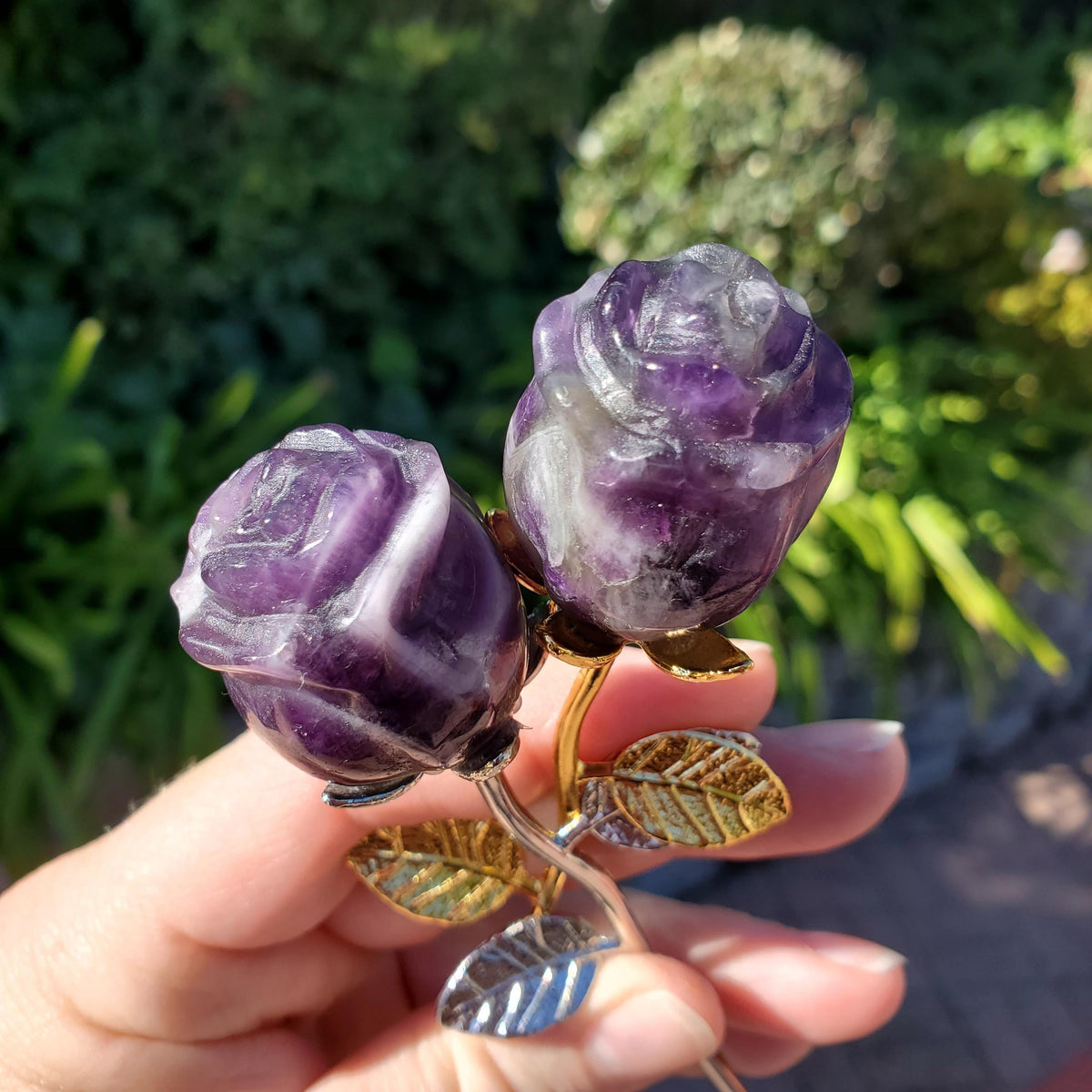 Small Dream Amethyst Rose on Stem - Calming, Energetic Protection, Positivity, Connection - Purple Chevron Flower Crystal Rose Gemstone