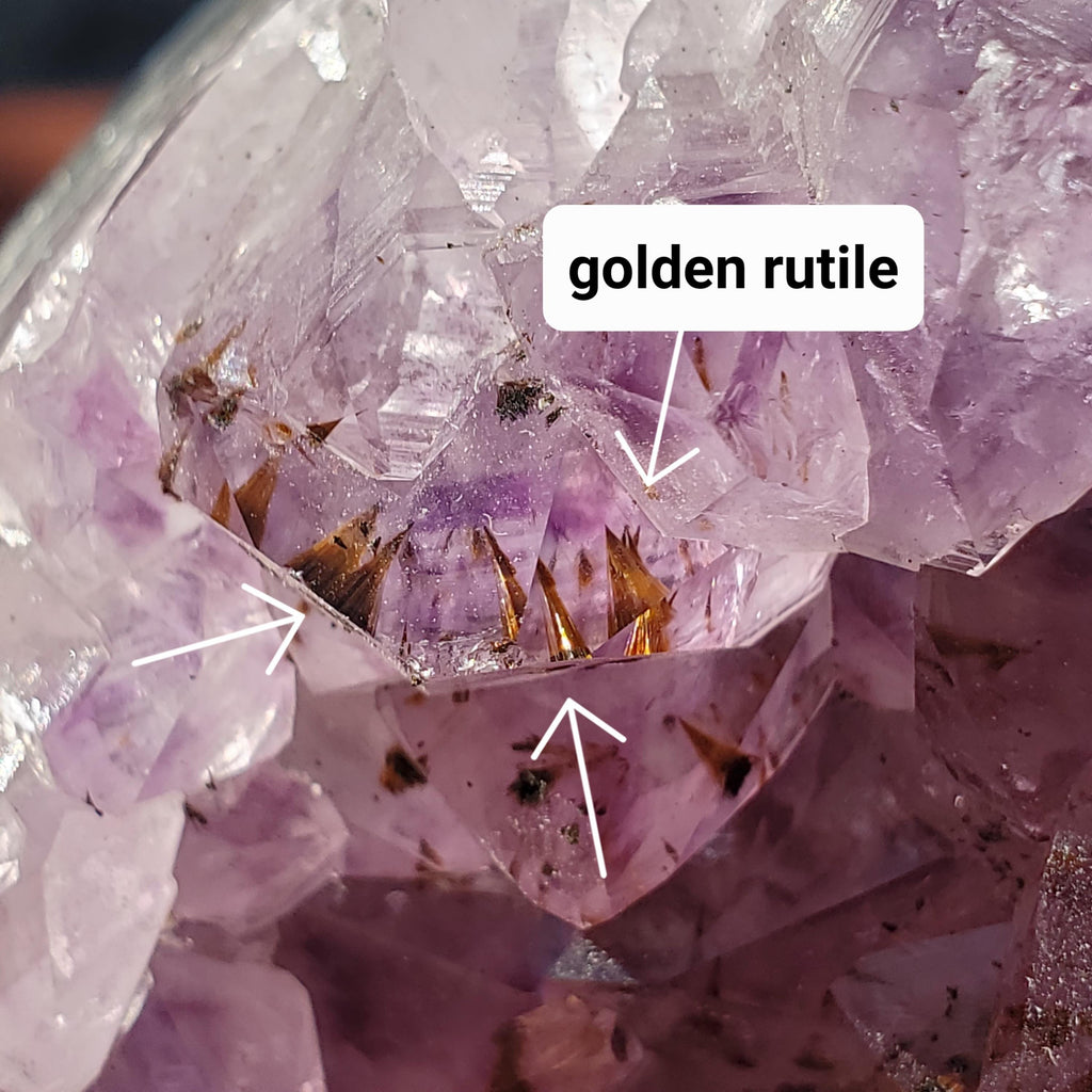 Big 7lb Amethyst Geode with Golden Rutile - Calming, Cleanses Body & Aura, Stress Relief, Positivity - Purple Crystal Cluster Gemstone