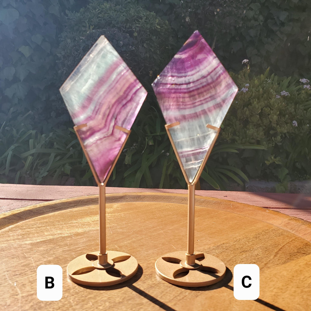 Rainbow Fluorite Diamond on Stand - Mental Concentration, Energetic Protection, Positivity - Crystal Diamond Healing Gemstone Statement