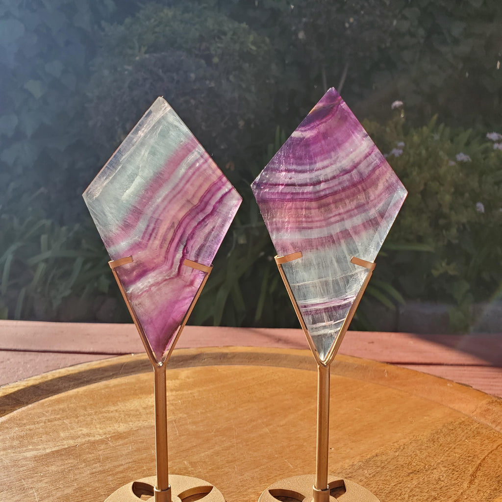 Rainbow Fluorite Diamond on Stand - Mental Concentration, Energetic Protection, Positivity - Crystal Diamond Healing Gemstone Statement