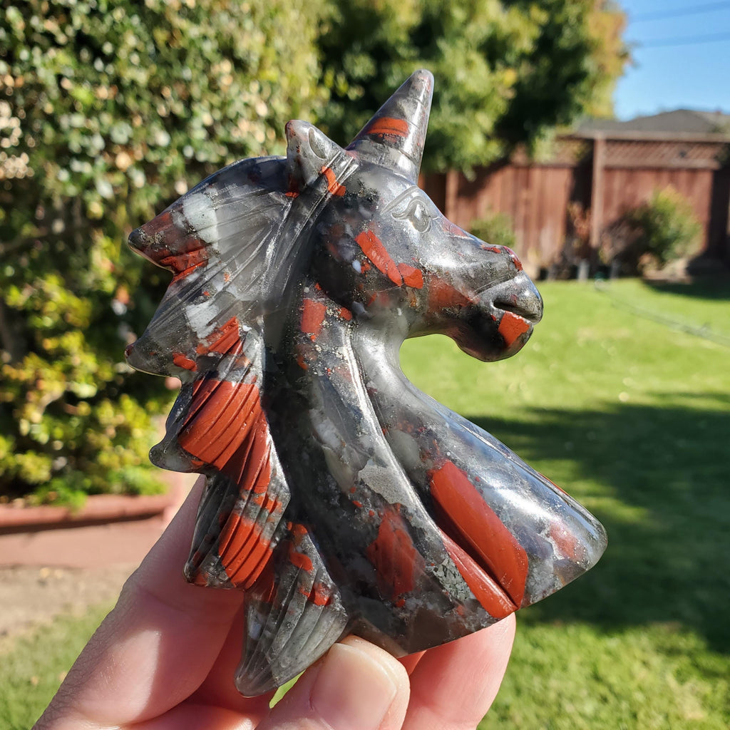 African Bloodstone Unicorn - Calming, Grounding, Persistence, Courage - Black and Red Crystal Unicorn Carving Statement Display