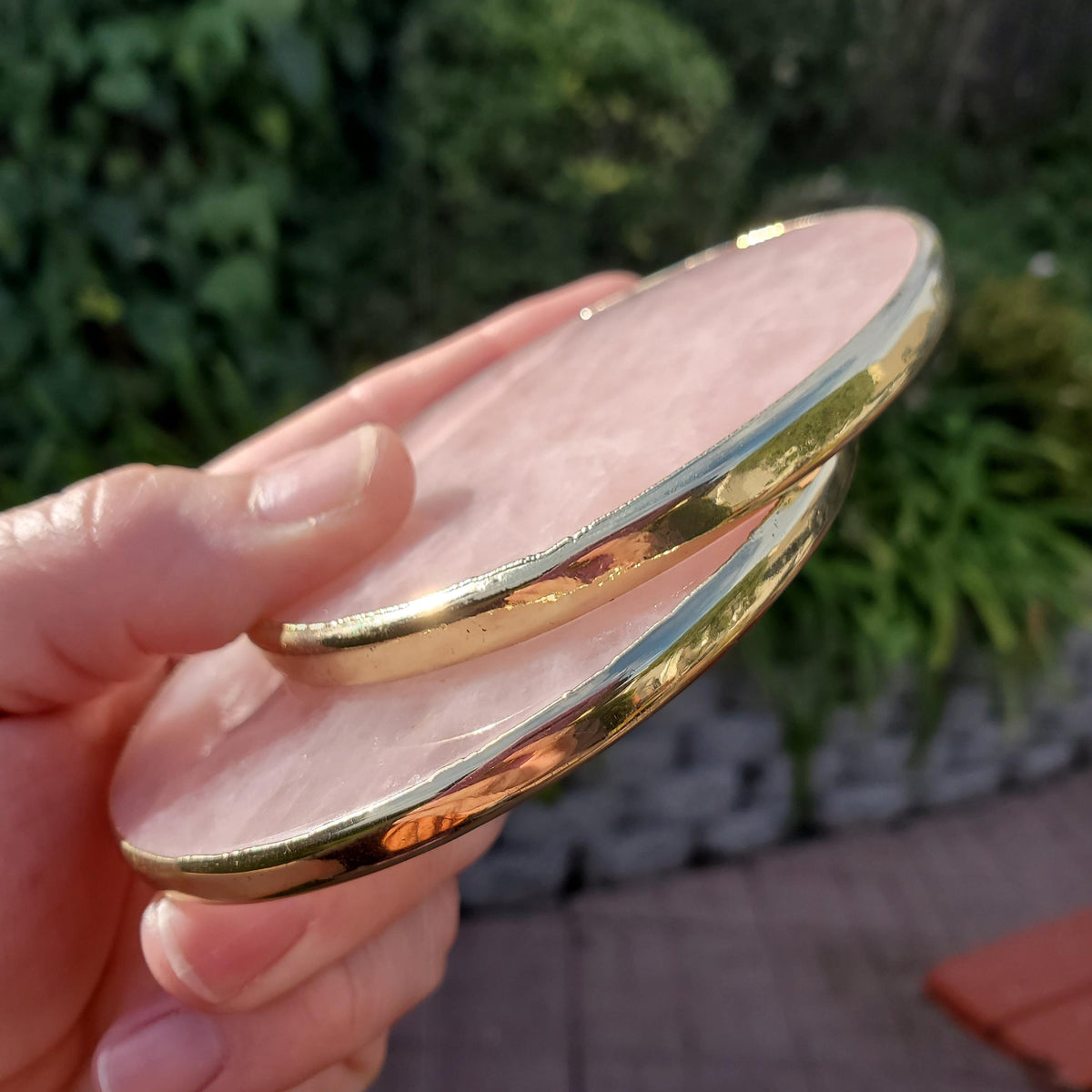 Rose Quartz Plate with Gold Edge - Unconditional Love, Compassion, Kindness - Crystal Plate Coaster Crystal Display Vanity Office Home