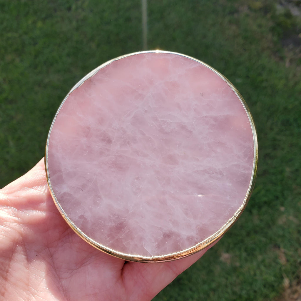 Rose Quartz Plate with Gold Edge - Unconditional Love, Compassion, Kindness - Crystal Plate Coaster Crystal Display Vanity Office Home