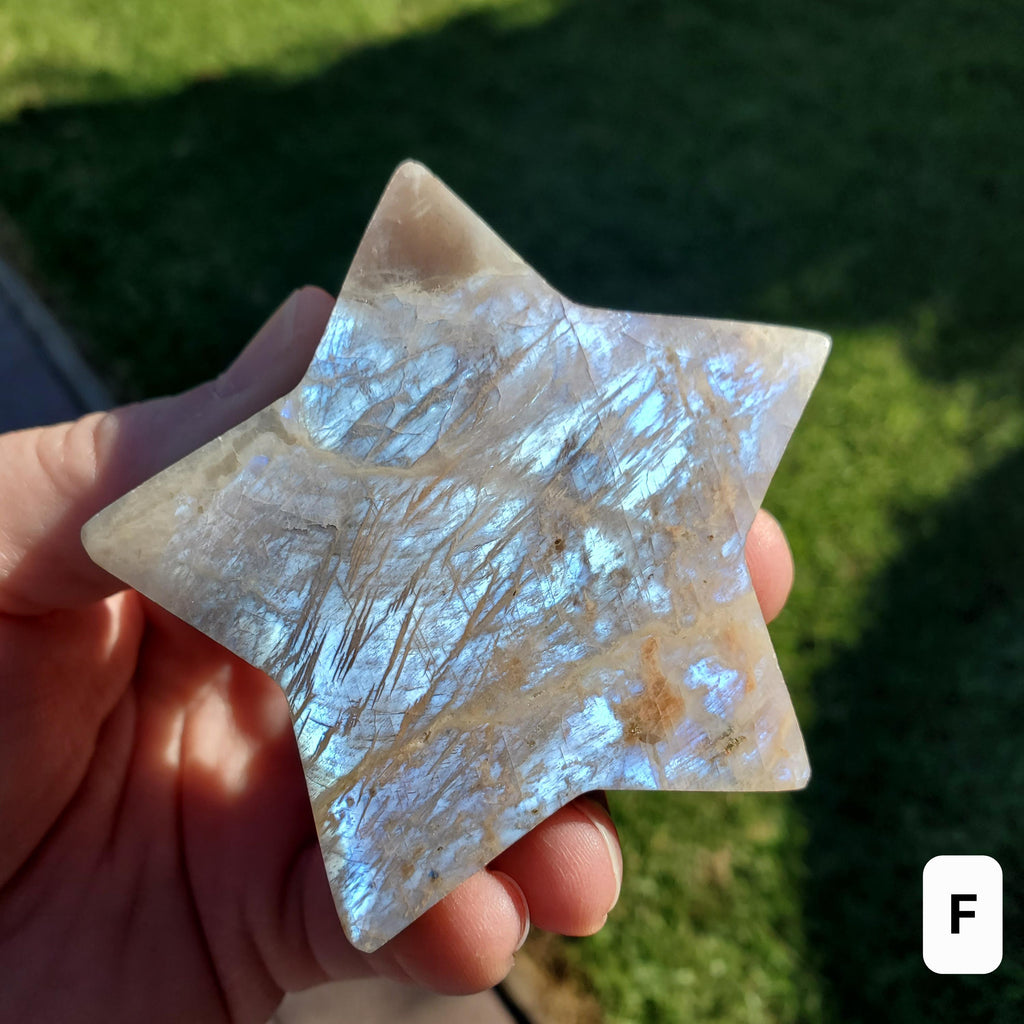 Flashy Moonstone Star - Uplifting, Raises Vibration, Feminine Energy, Empowering - Standing Blue Flash Crystal Star Gemstone Cute Decor