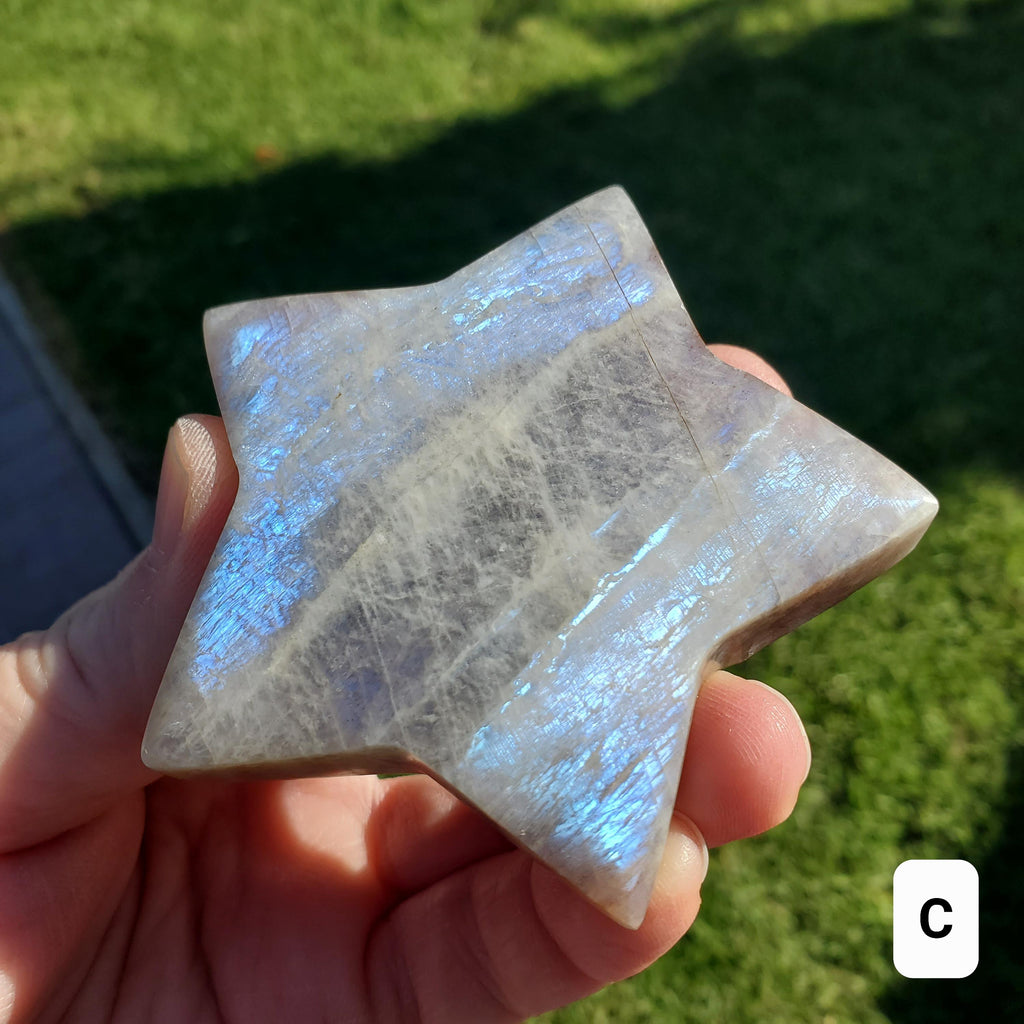 Flashy Moonstone Star - Uplifting, Raises Vibration, Feminine Energy, Empowering - Standing Blue Flash Crystal Star Gemstone Cute Decor