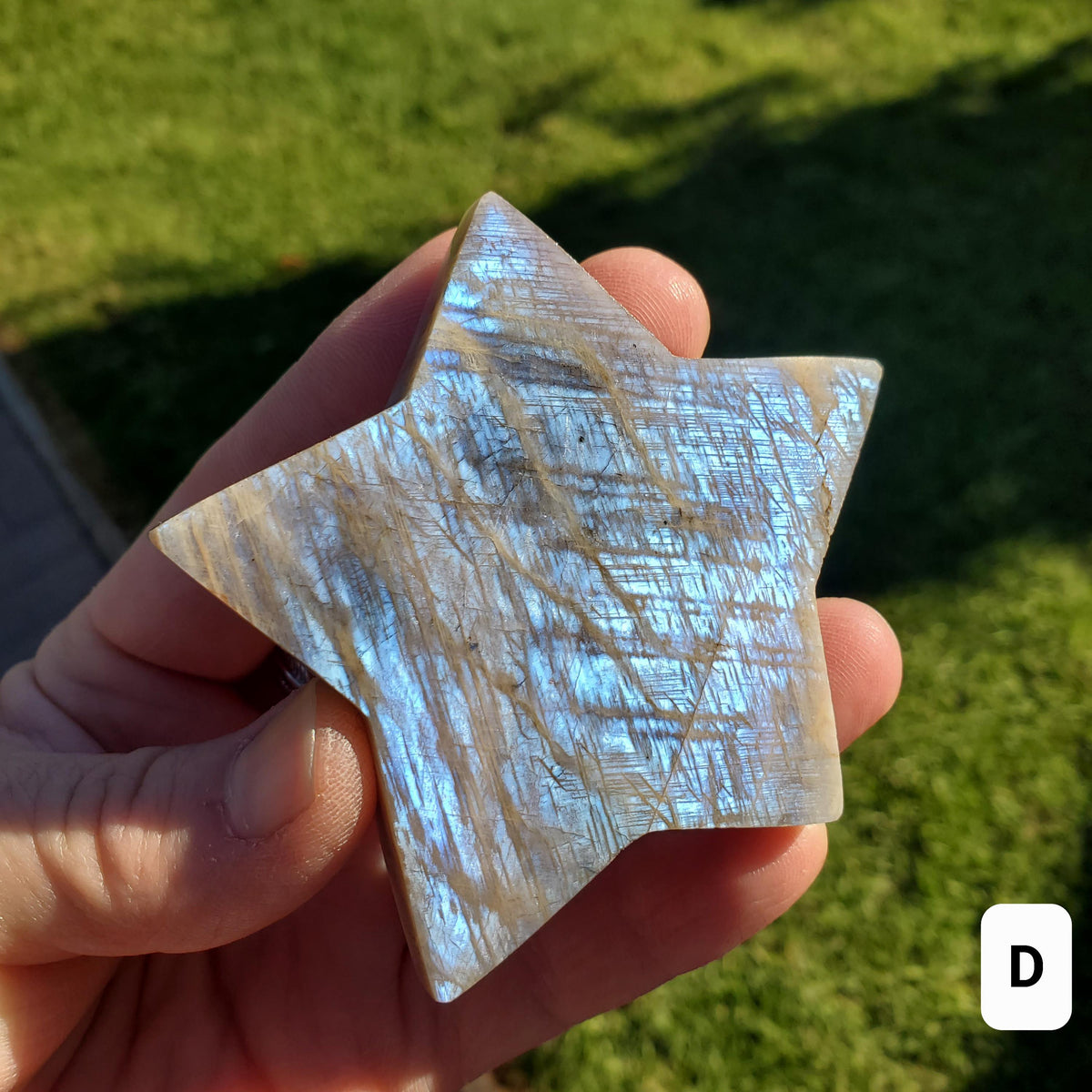 Flashy Moonstone Star - Uplifting, Raises Vibration, Feminine Energy, Empowering - Standing Blue Flash Crystal Star Gemstone Cute Decor