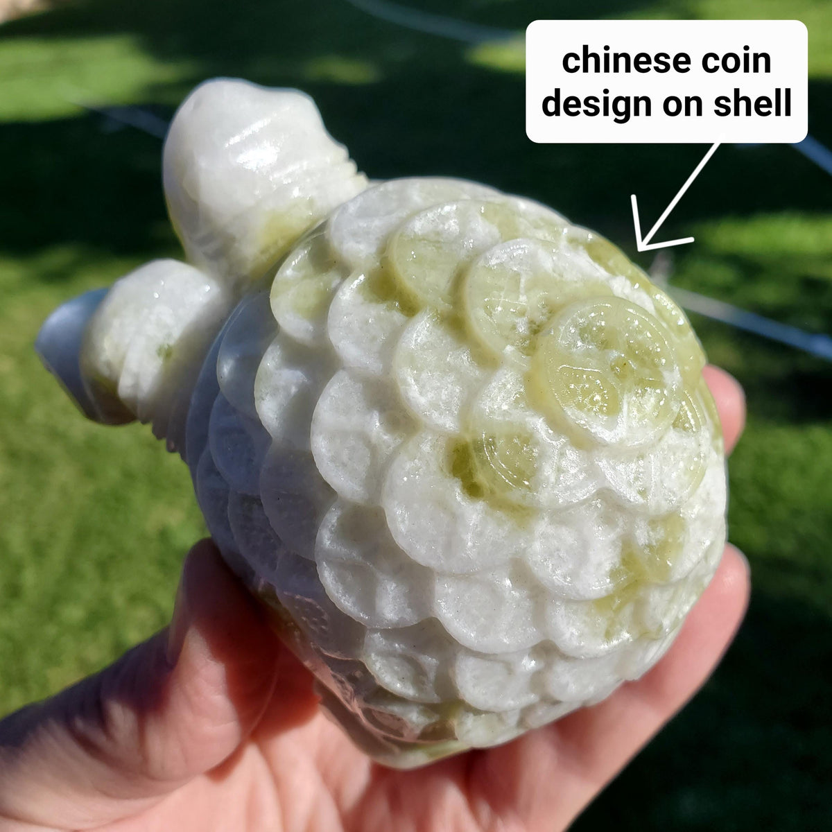Chunky Lantian Jade Turtle with Feng Shui Coin Design - Love, Emotional Balance, Energetic Protection - White and Green Crystal Turtle