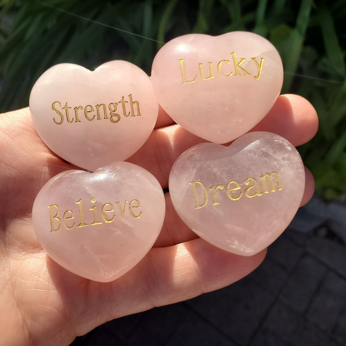 Rose Quartz Heart with Gold Engraving - Unconditional Love, Compassion, Self Love - Cute Pink Conversation Heart & Motivational Crystal