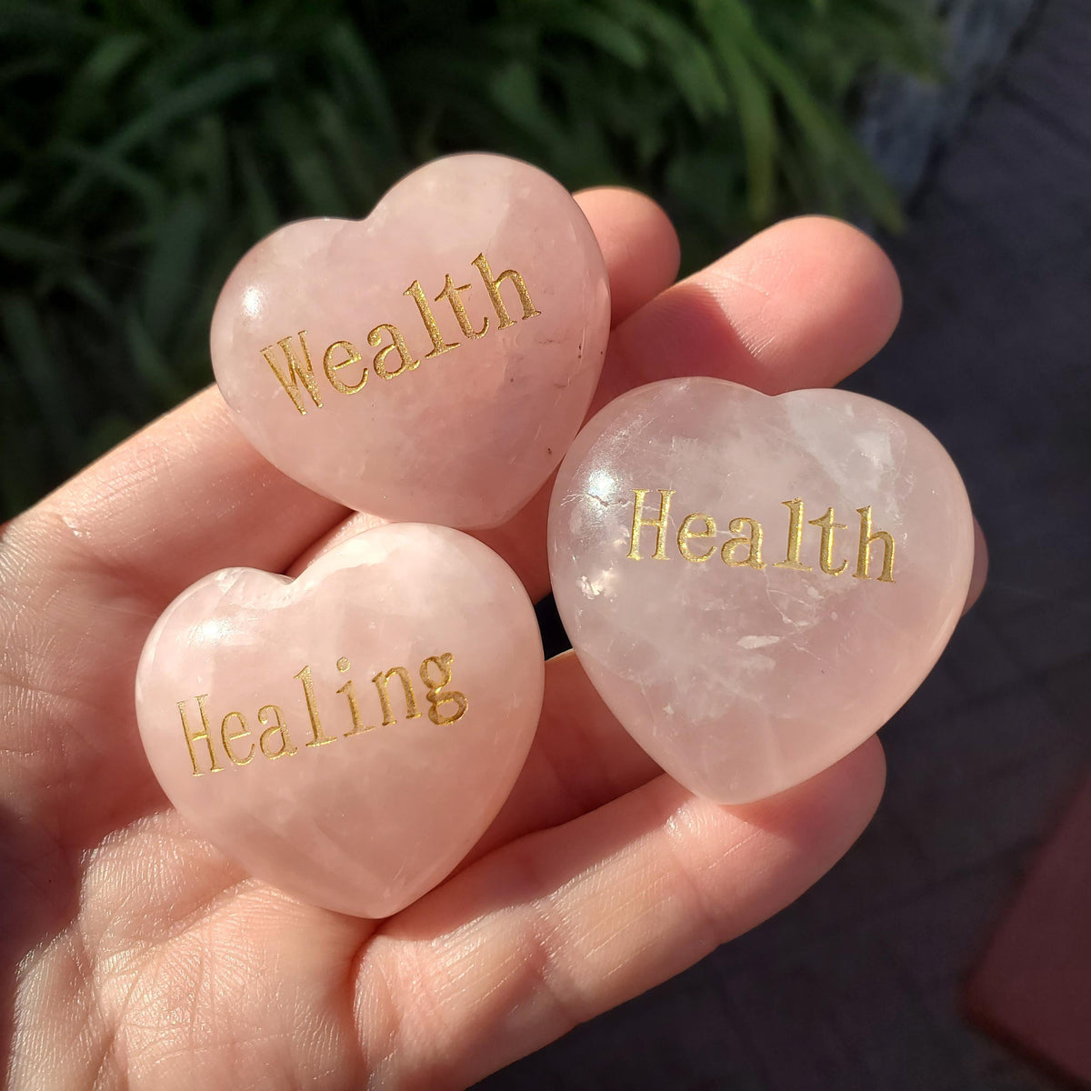 Rose Quartz Heart with Gold Engraving - Unconditional Love, Compassion, Self Love - Cute Pink Conversation Heart & Motivational Crystal