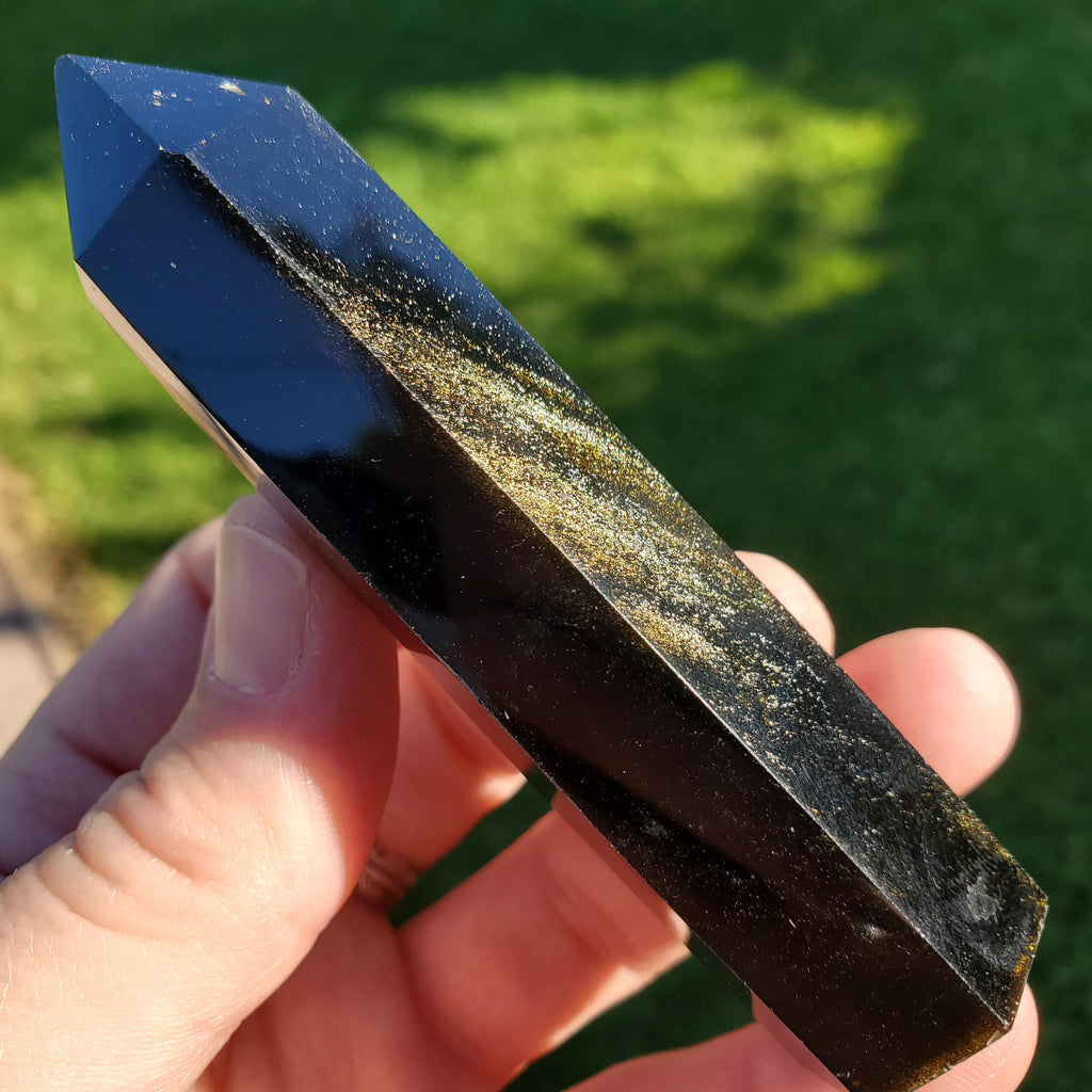 Gold Sheen Obsidian Tower - Self Reflection, Release Negative Energies - Golden Obsidian Black Point Healing Crystals