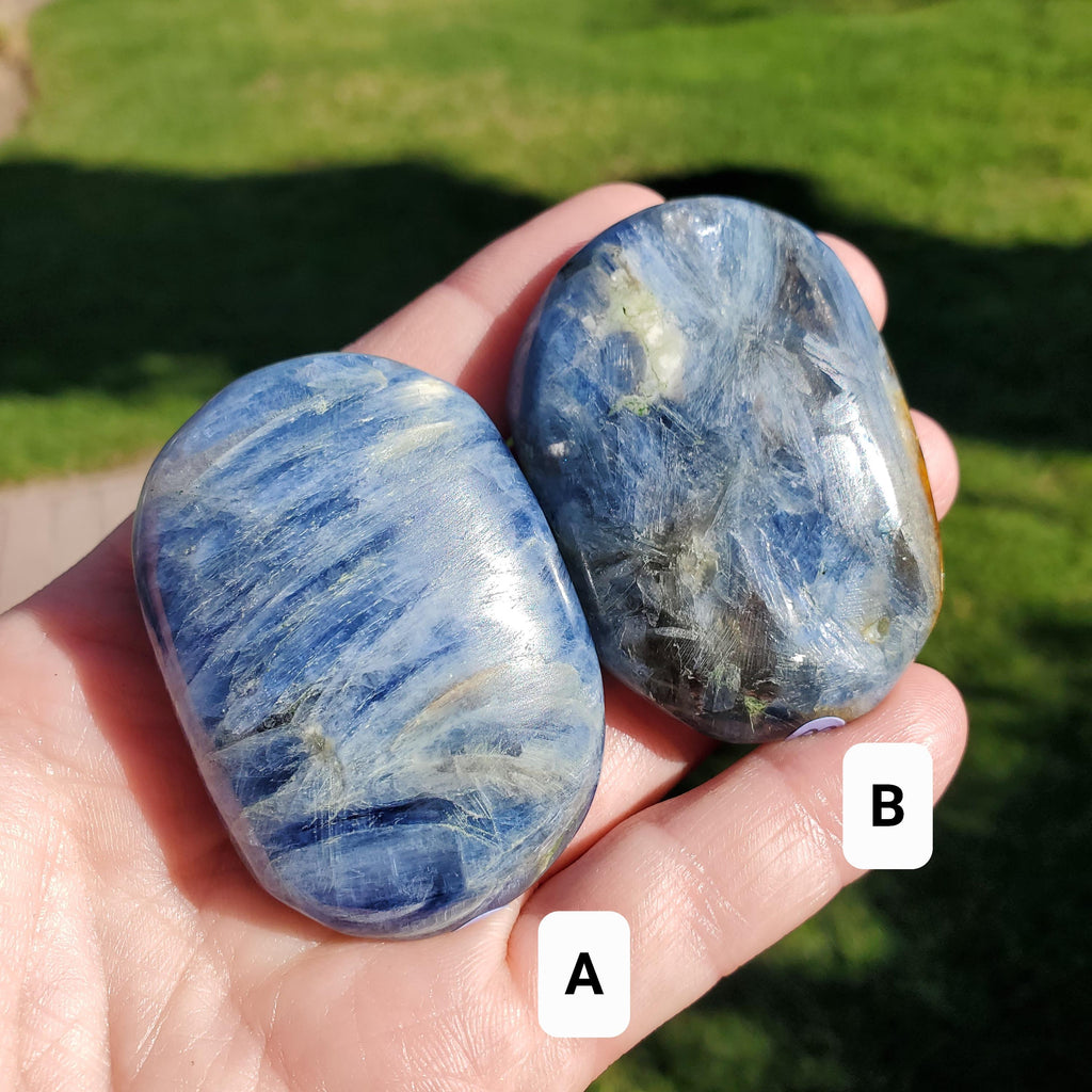 Flashy Blue Kyanite Palm Stone - Calming, Clarity, Connection, Communication, Balances Chakras - Kyanite Crystal Palm Gemstone