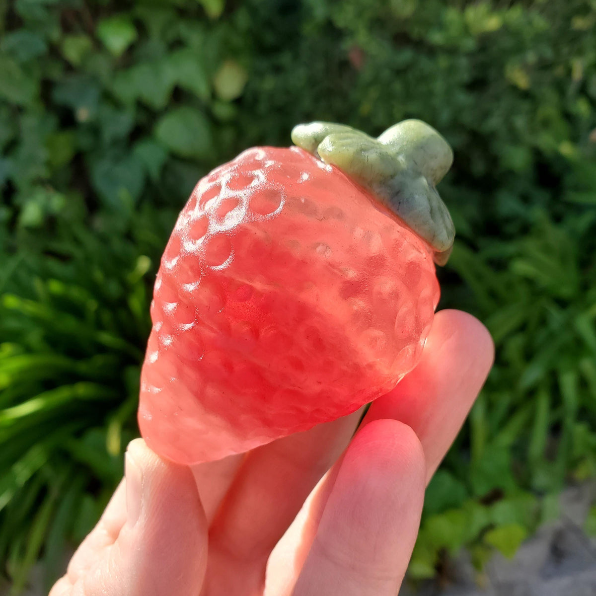 Chunky Red Glass Strawberry with Serpentine Jade Top - Confidence, Intuition, Rebirth, Guides Us To Our Purpose - Cute Fruit Carving Stone