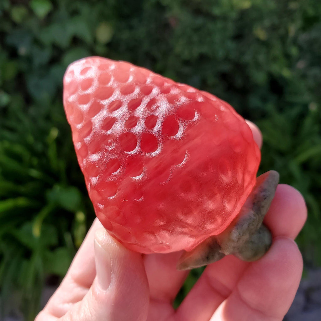 Chunky Red Glass Strawberry with Serpentine Jade Top - Confidence, Intuition, Rebirth, Guides Us To Our Purpose - Cute Fruit Carving Stone