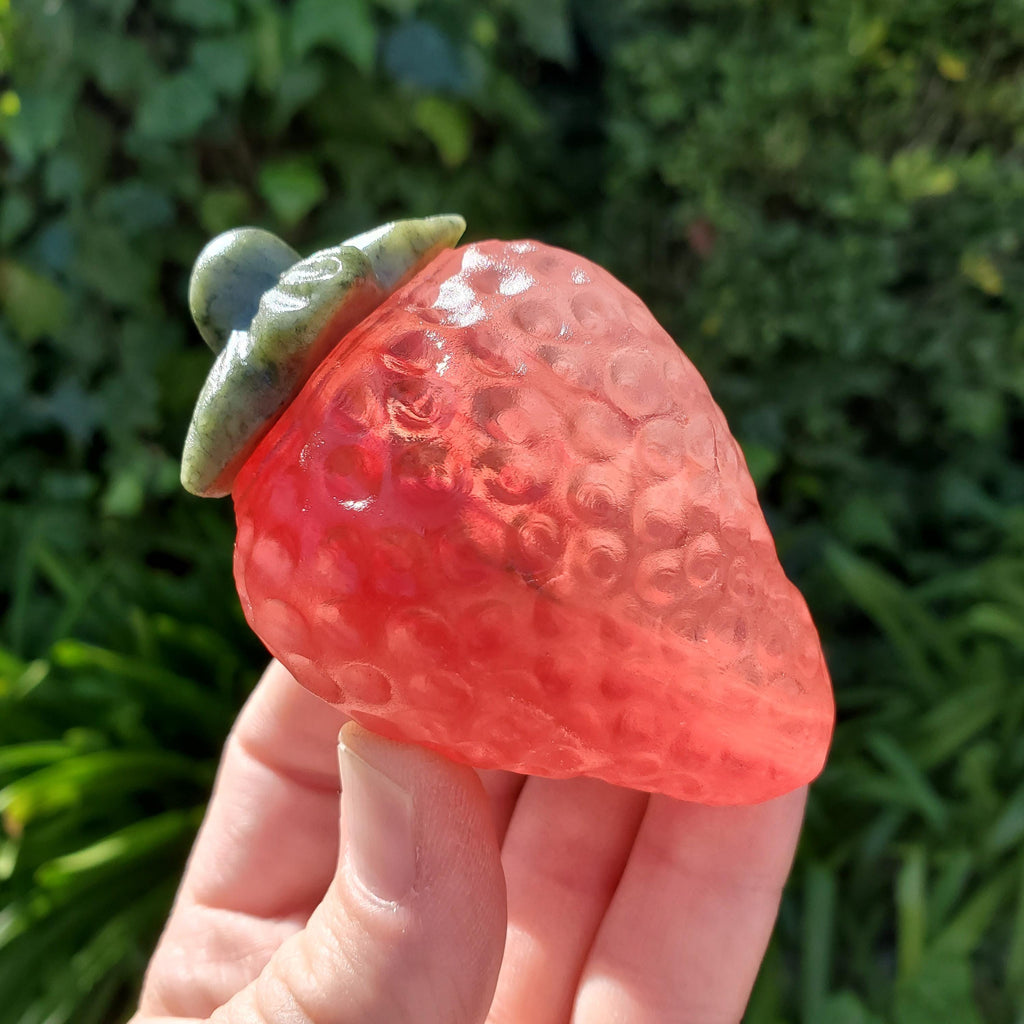 Chunky Red Glass Strawberry with Serpentine Jade Top - Confidence, Intuition, Rebirth, Guides Us To Our Purpose - Cute Fruit Carving Stone