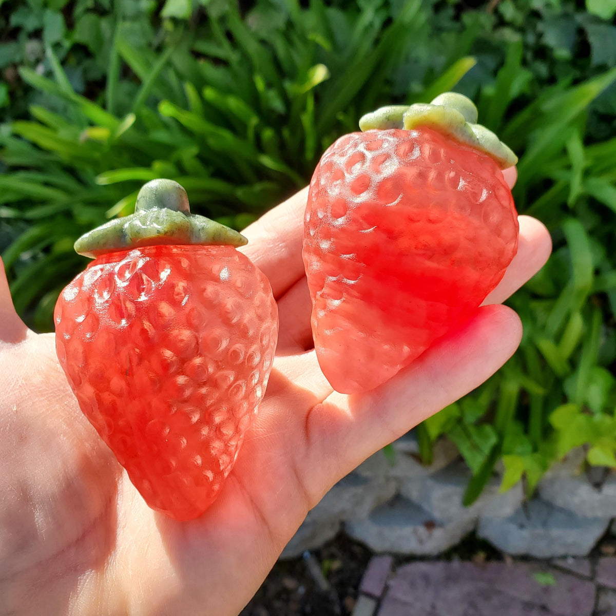 Chunky Red Glass Strawberry with Serpentine Jade Top - Confidence, Intuition, Rebirth, Guides Us To Our Purpose - Cute Fruit Carving Stone